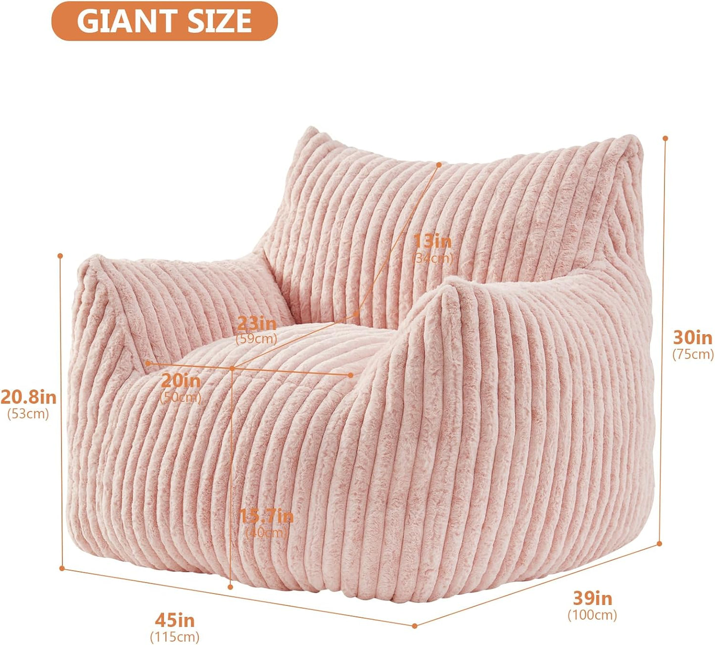 Giant Bean Bag Chairs for Adults with Filling Plush Fluffy Bean Bag Chairs for Teens with Armrests Comfy BeanBag Lazy Couch Sofa Chair for Bedroom Living Room Reading