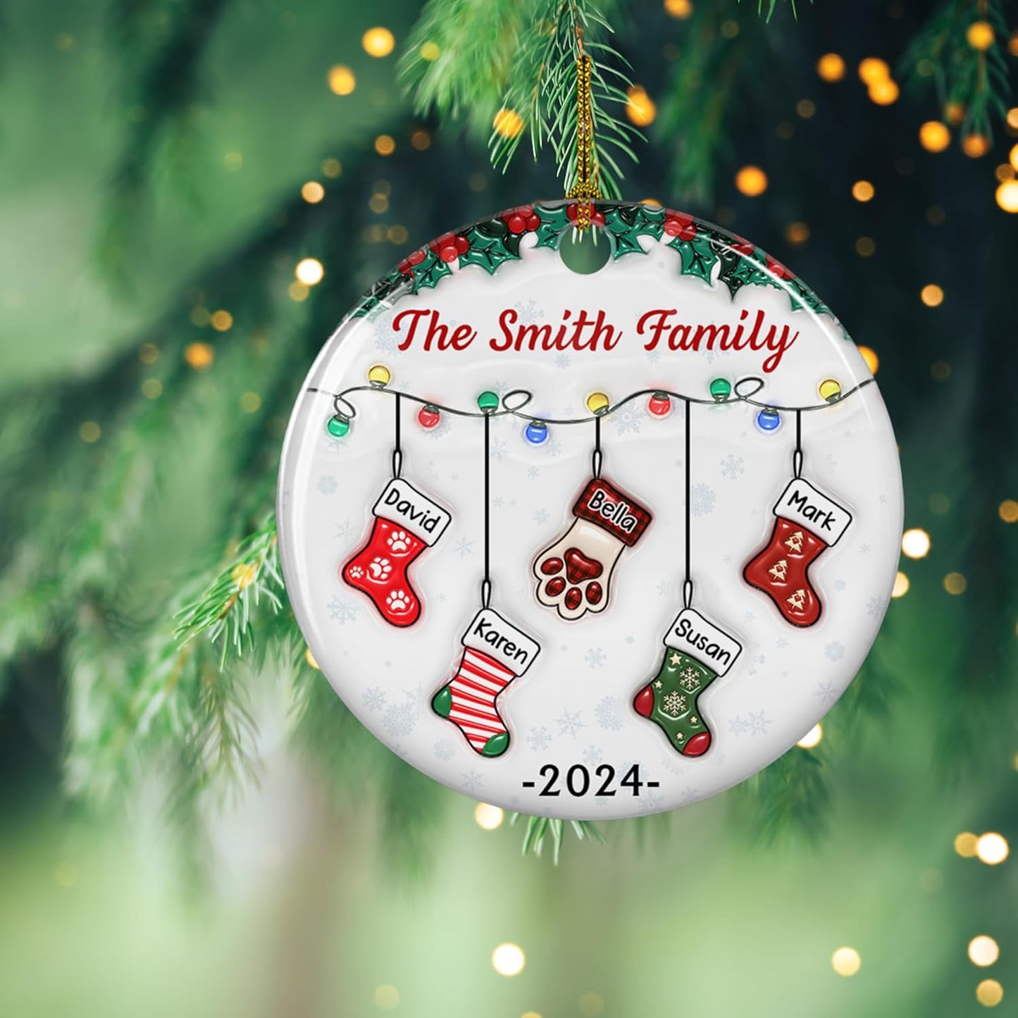 Stocking Personalized Family Christmas Ceramic Ornament 2025-3D Inflated Effect Custom Name Hanging Stock up to 10 Members, First Xmas as A Family Ornament Gifts (A04, 4 Names)