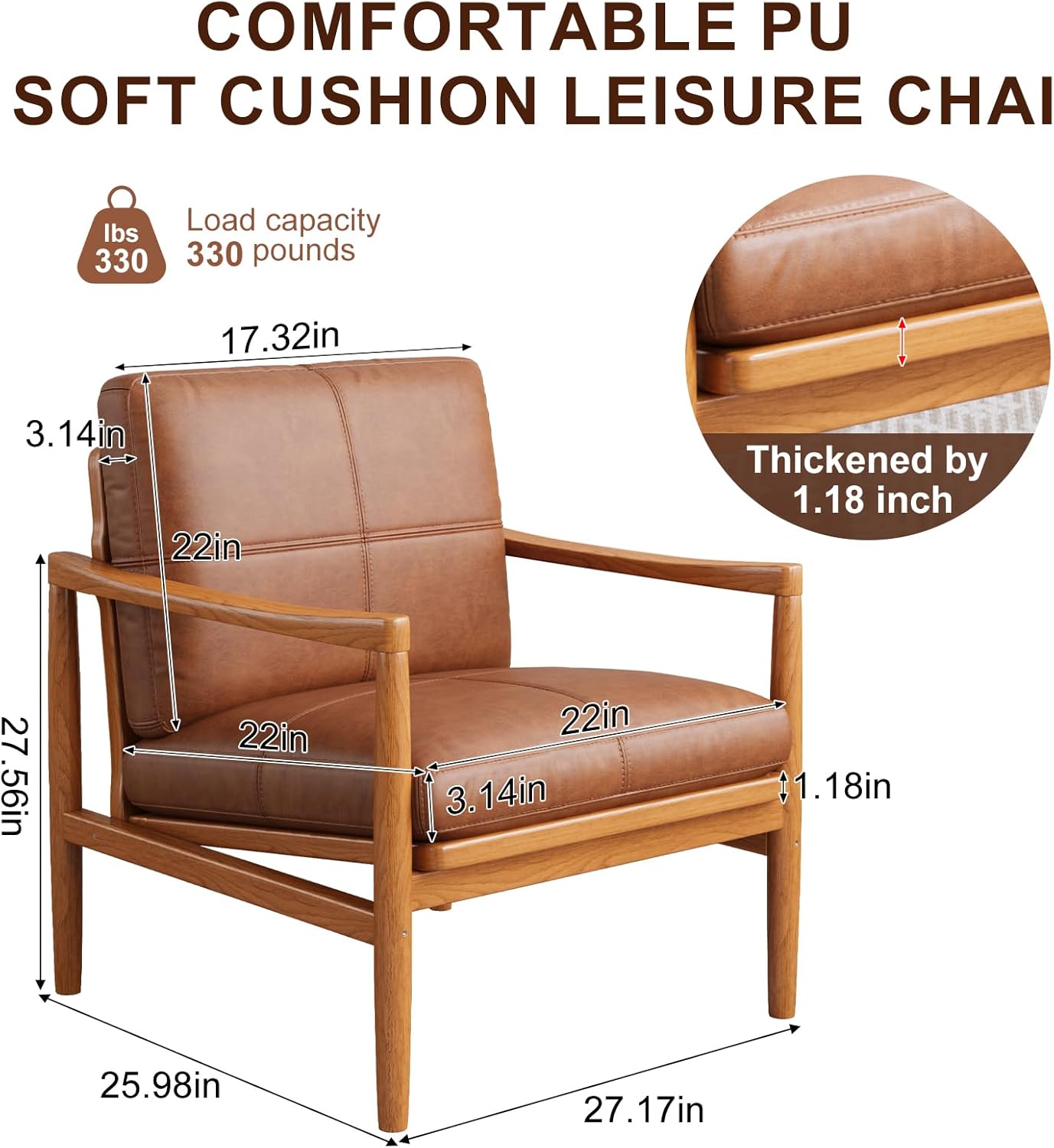 Mid Century Modern Accent Chair Set of 2, Leather Accent Chair, Relaxing Armchair with Solid Wood Frame & Soft Cushion, Reading Leisure Chairs for Living Room