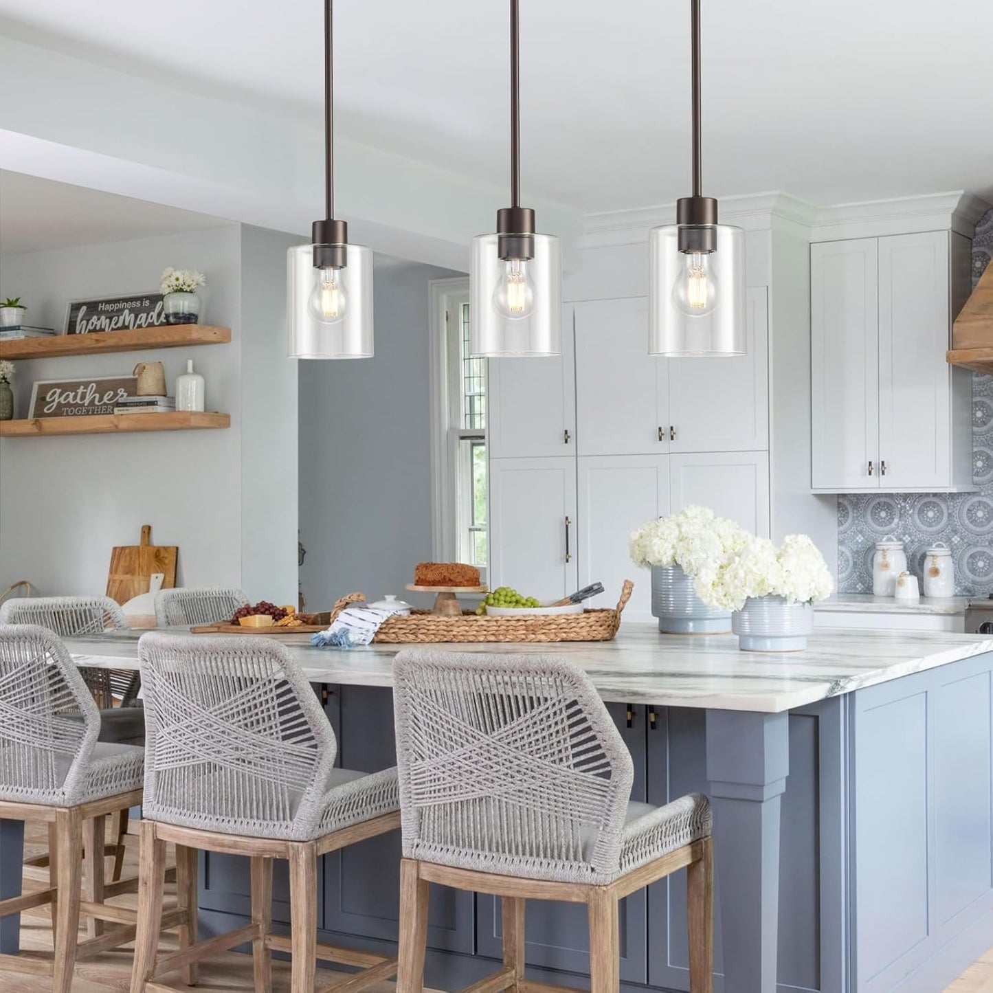 Oil Rubbed Bronze Pendant Lights Kitchen Island - Clear Glass Pendant Light Fixture Multiple Stems Rods 3 Units 12 Inch 3 Units 4 Inch (1 Pack Oil Rubbed Bronze Downrod)