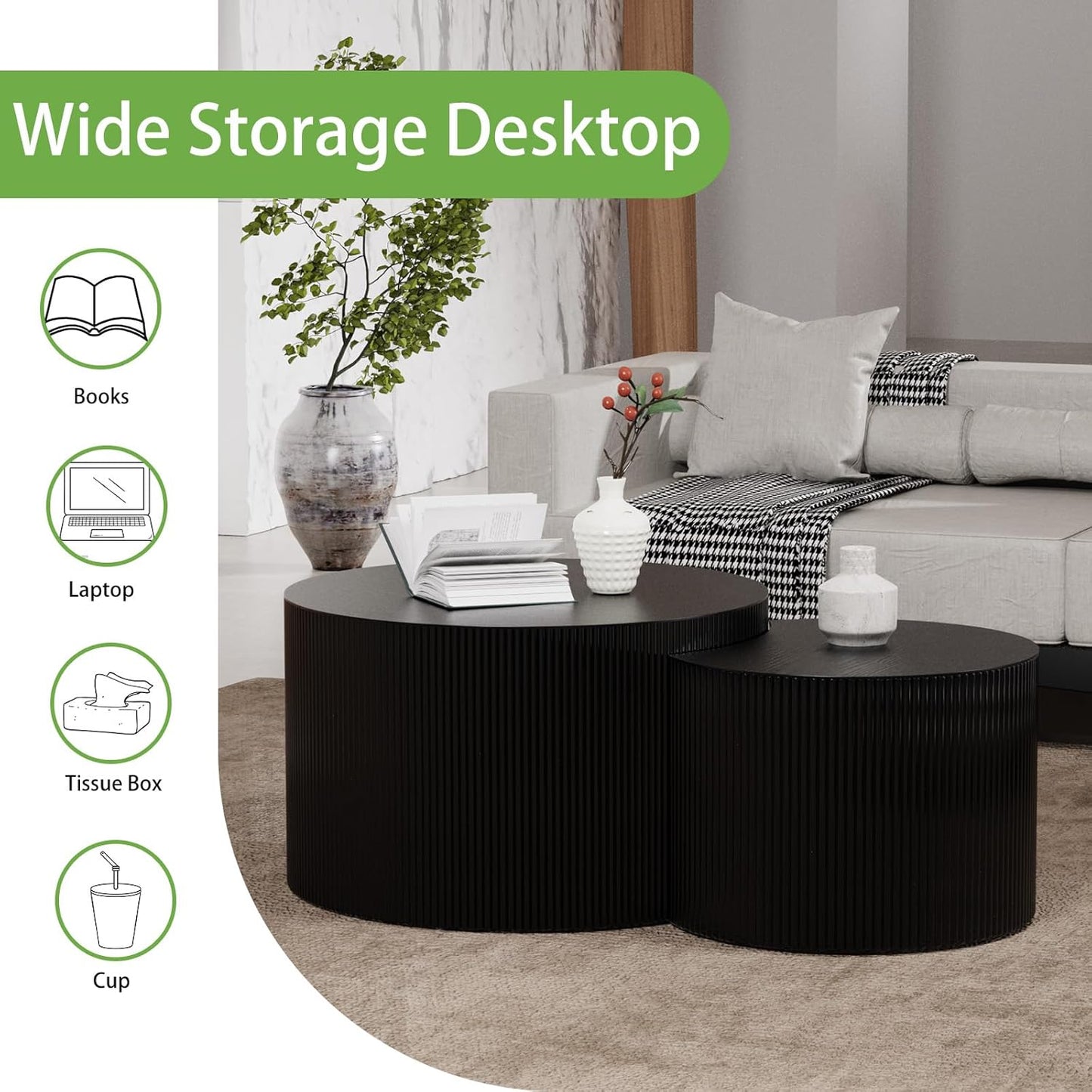 Round Coffee Table Set of 2, Nesting Coffee Table and End Table Set Small Circle Drum Side Table for Living Room Office, No Assembly (D Black Crescent)