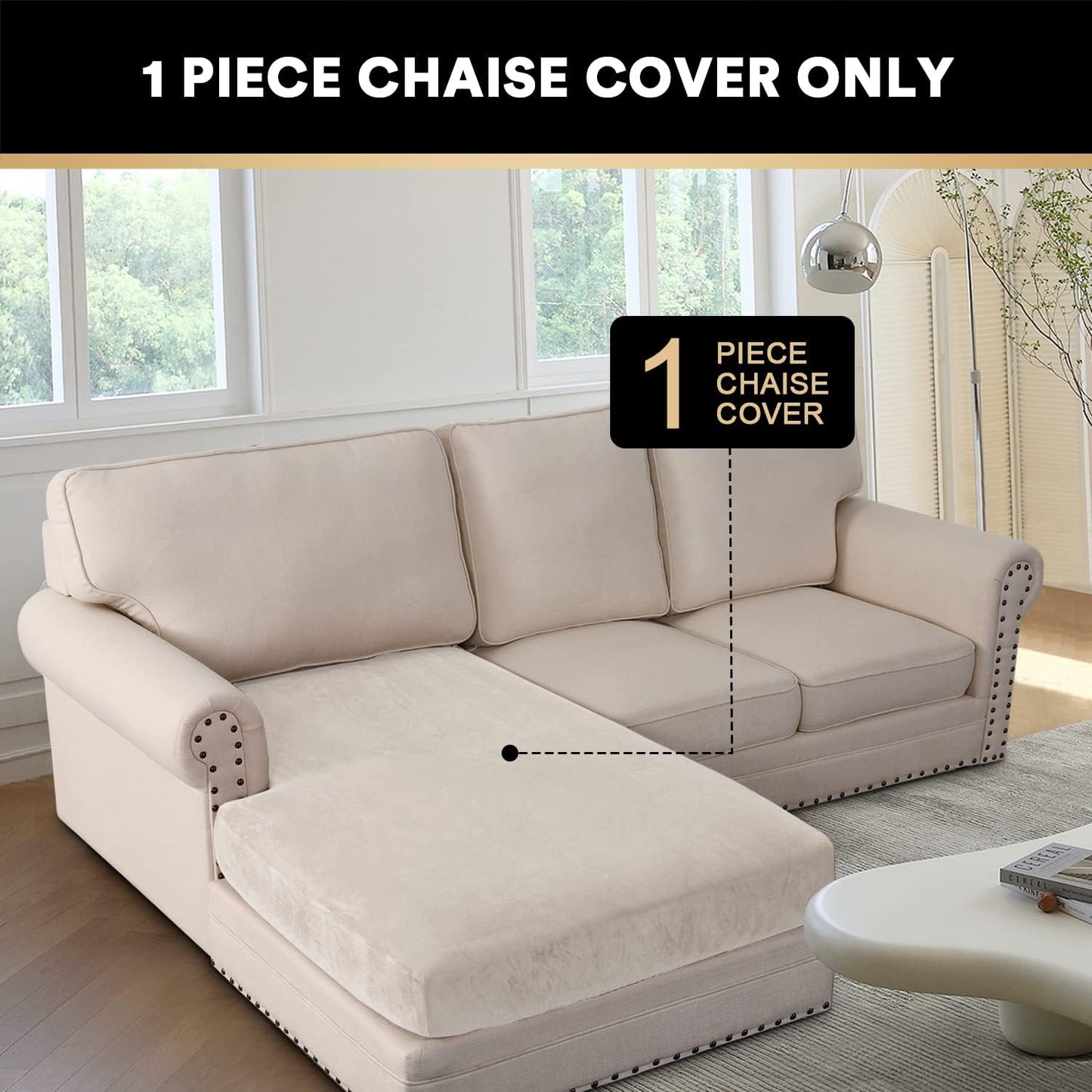 PrinceDeco Sectional Couch Covers Velvet Couch Cover for Dogs Washable L Shaped Couch Cover 1 Piece Individual Sectional Couch Covers with Elastic Bottom(Chaise Lounge,Ivory)