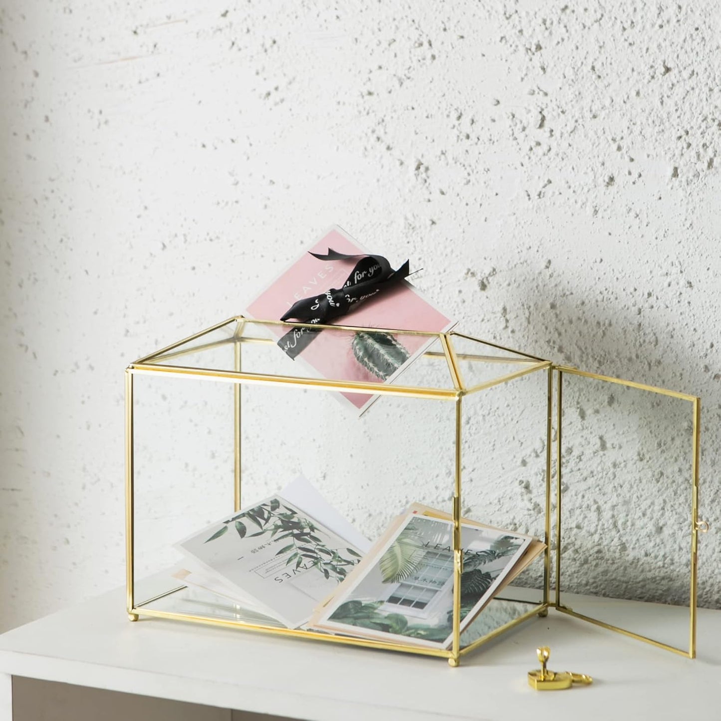 Glass Wedding Card Box with Slot, Large Clear Card Box 10.2 inch Gold Brass Gift Card Storage Box with Lock for Wedding Receptions, Baby Shower, Birthday Party, Bridal Shower