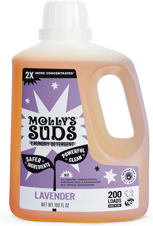 Molly's Suds Liquid Laundry Detergent | Clean Laundry Detergent Soap for Sensitive Skin | 2x Concentrated, High Efficiency (HE) (Lavender - 200 Loads)