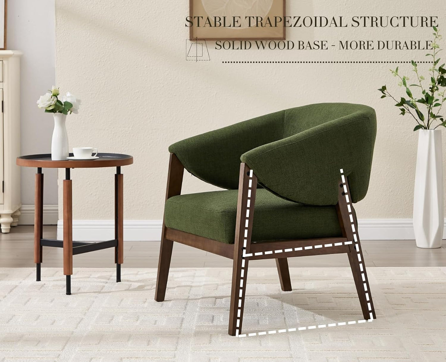 Mid-Century Modern Accent Chairs Set of 2, Comfy Barrel Armchairs with Wide Seat, Upholstered Lounge Chairs with Walnut Wood Legs for Living Room/Bedroom/Reading Corner, Linen Fabric, Deep Green