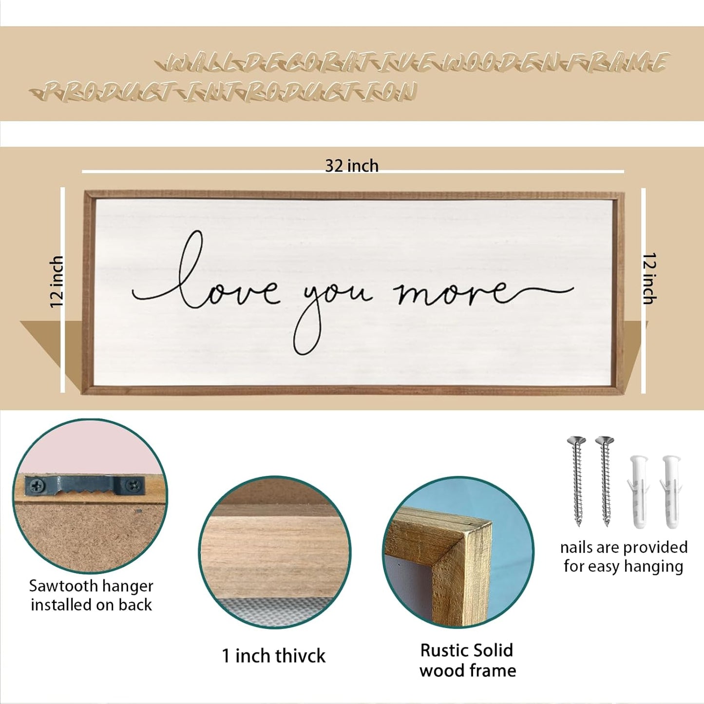 Love You More Sign 32''×12'' Master Bedroom Above Over Bed Wall Decor Modern Farmhouse Large Vintage Wood Framed Hanging Over Bed Bedside Wall Art (Wood)
