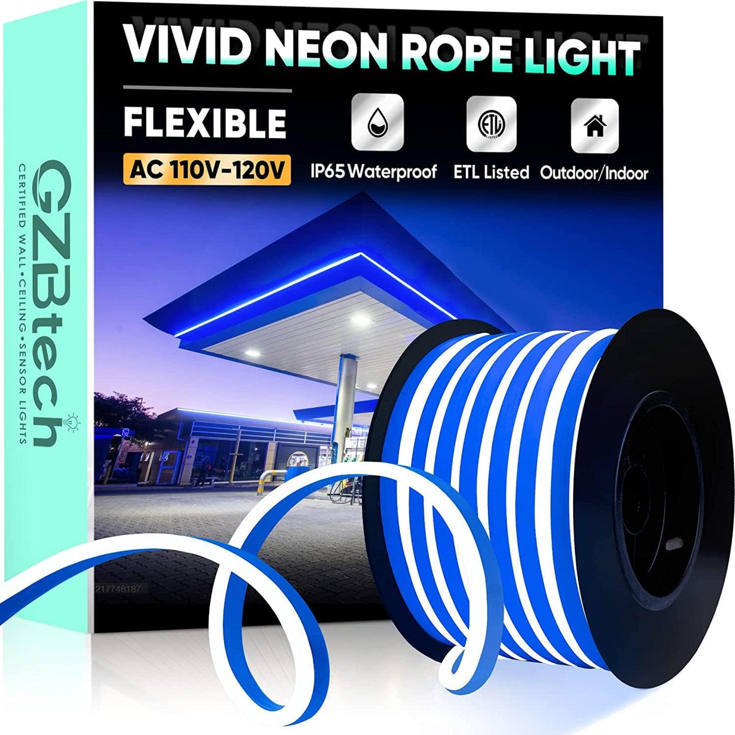 GZBtech Flexible LED Neon Rope Lights 50FT,AC 110-120V Waterproof Strip Light, 120 LEDs/M Cuttable Connectable Neon Lighting for Indoor Outdoor Home Decor/Commercial Building Use-Blue 15M