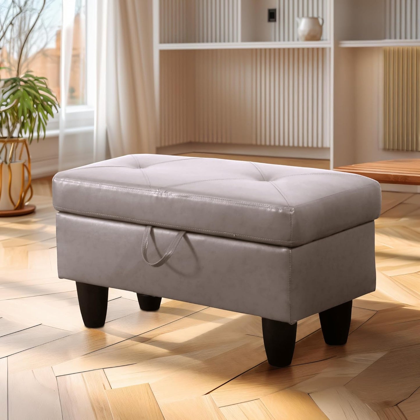 Ottoman Rectangular Storage Ottoman Bench, Faux Leather Footrest, Coffee Table, Stool Footstool with Hinged Lid for Living Room, Bedroom, Entryway, Champagne, 28.5"x19"x17.5"