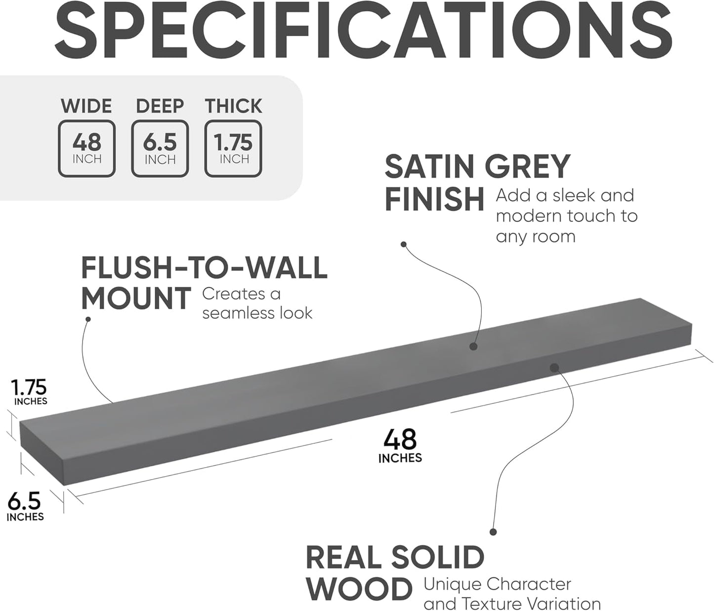 Homeforia Gray Floating Shelf 48 inch, High End Solid Real Wood 48inch Floating Shelves for Wall Mounted, Grey Wooden 48 inches Long Floating Shelves, Heavy Duty Bracket, 48 X 6.5 X 1.75 in, Set of 2