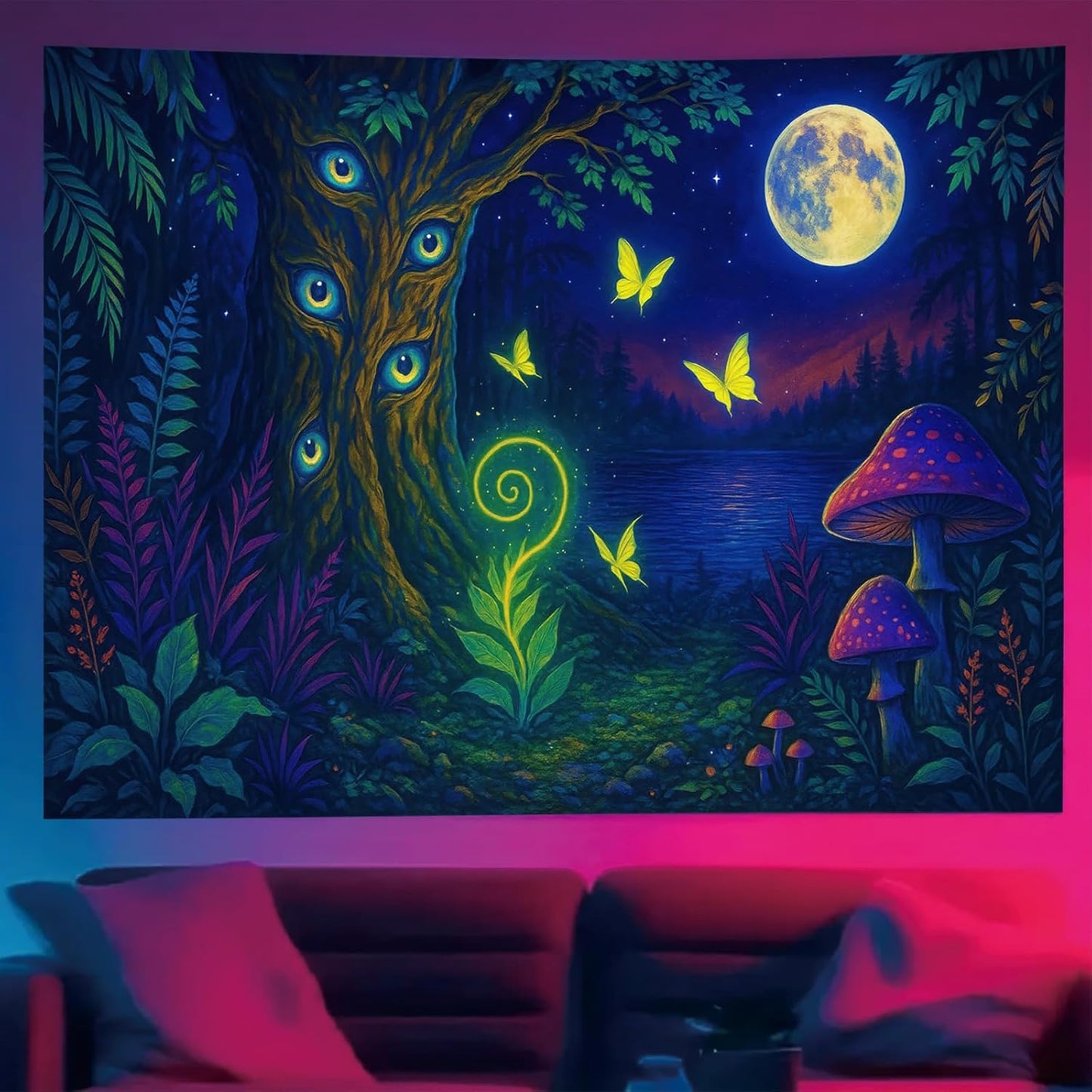 Starlit Patio Fantasy Forest Blacklight Tapestry UV Reactive Wall Hanging Glowing Tree Eyes Butterflies Mushrooms Moon for Bedroom Dorm Living Room Psychedelic Nature Decor Fluorescent Poster 78 x 59 Inch