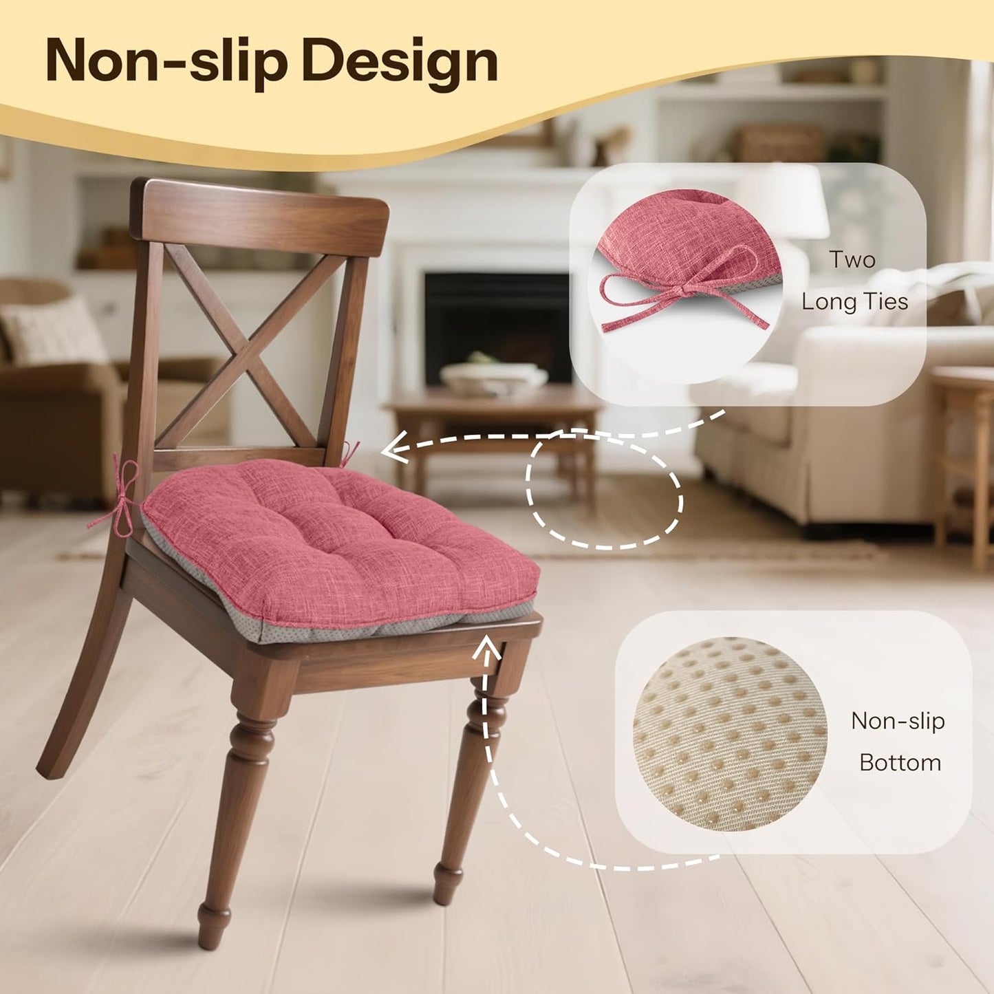 Non Slip Chair Cushions for Dining Chairs Set of 4 Kitchen Chair Cushions 18"x18"x3" Turfted Chair Pads Comfortable and Soft Seat Cushion with Ties (Pink)