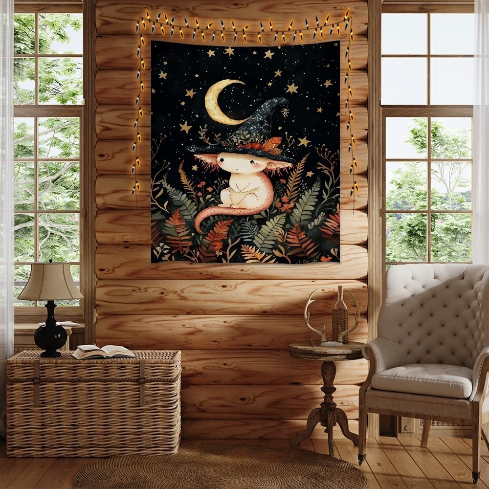 Whimsical Witch Tapestry Wall Hanging Decor Cute Axolotl Tapestry Magical Moon Animal Nursery Decoration Halloween Tapestries wall art for Home Kids Bedroom Living Room 30x40inch