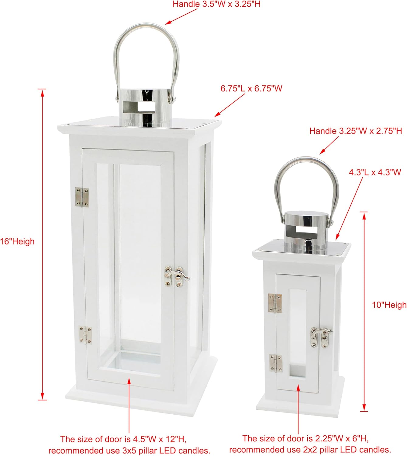 CVHOMEDECO. Decorative Elegant Wood Hurricane Candle Lantern with Stainless Top and Glass Inserts for Home Patio Outdoor Decor. White, Set of 2