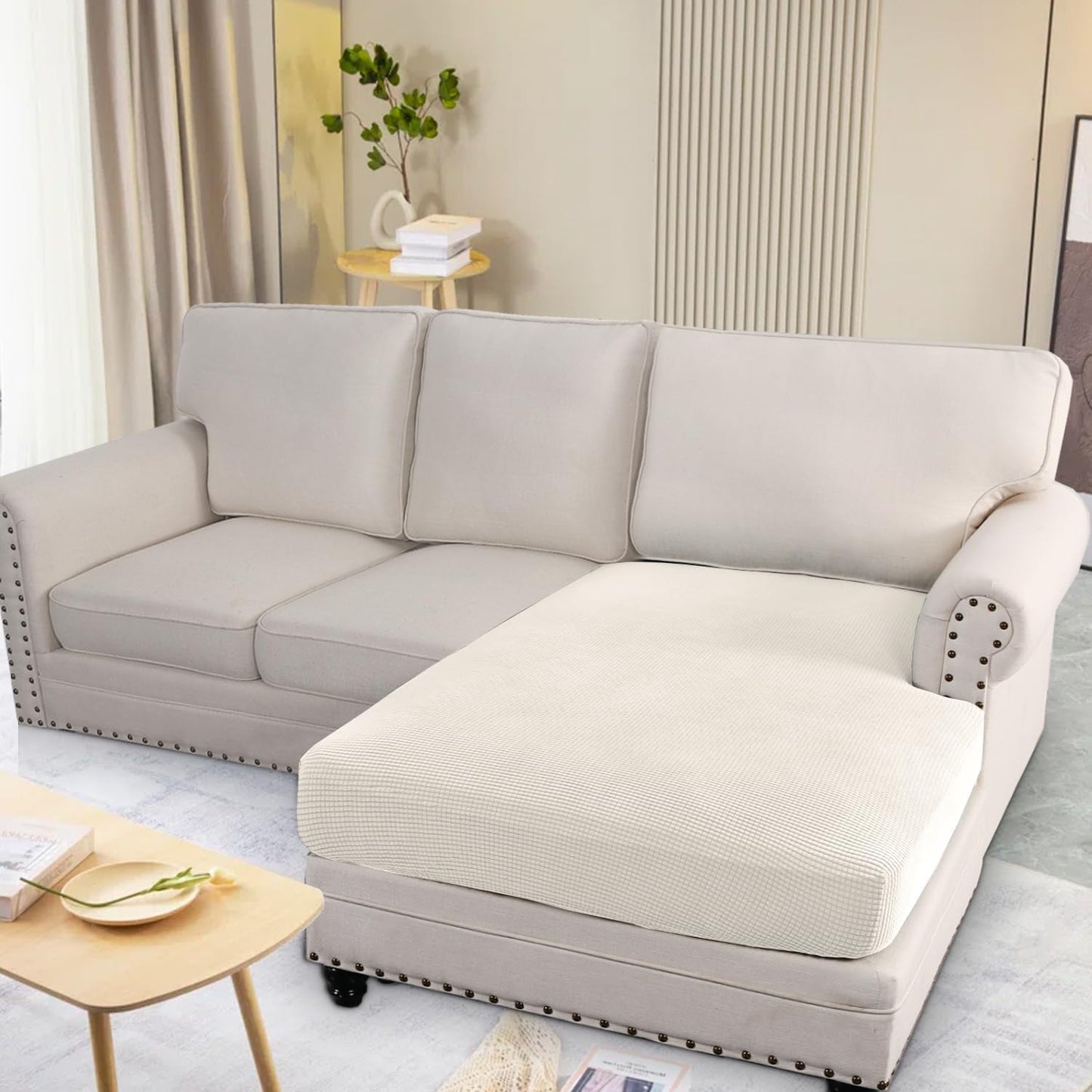 H.VERSAILTEX Super Stretch Individual Chaise Cover Sectional Couch Covers for L Shaped Sofa Both Left/Right Featuring Thick Jacquard Textured Twill Fabric (1 Piece Chaise Cover, Porcelain)