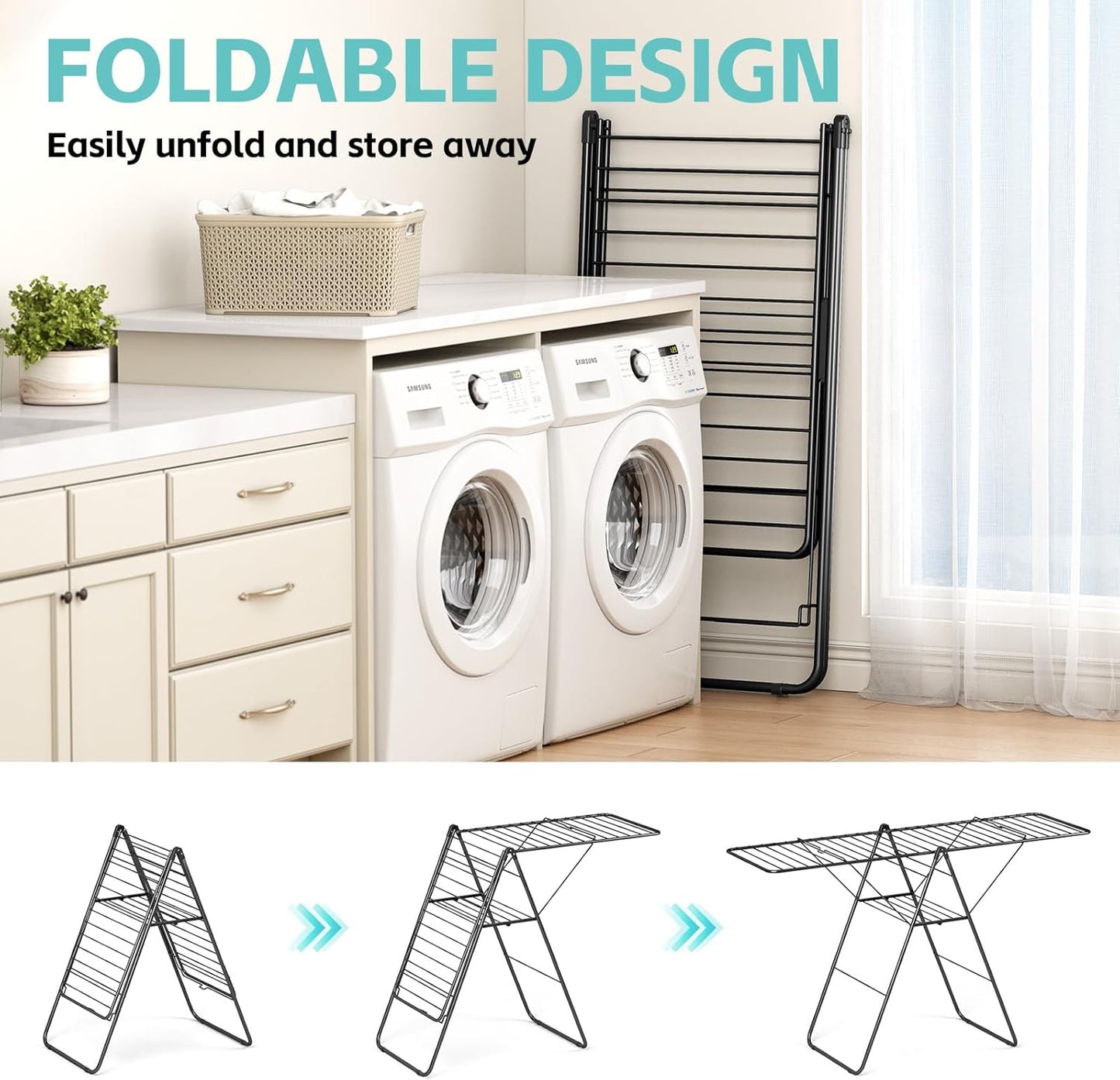 APEXCHASER Clothes Drying Rack, Oversized Drying Rack Clothing with Height-Adjustable, Foldable Gullwings Metal Laundry Rack, Indoor Outdoor Use, No Assembly, Black