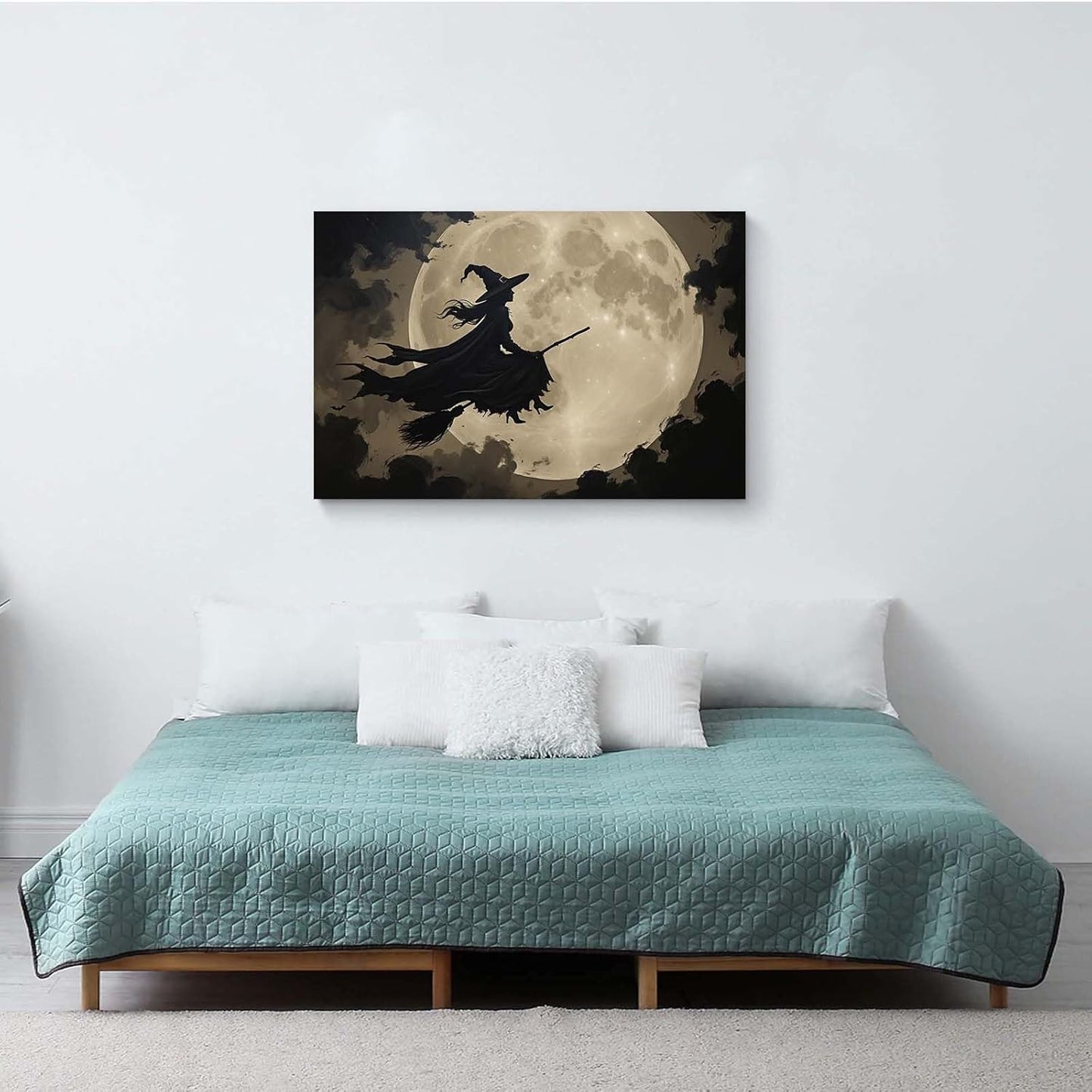 JFHCQJPK Full moon witch silhouette poster witch on magic broom Halloween mural poster decorative mural art suitable for home living room bedroom12x16in Frameless