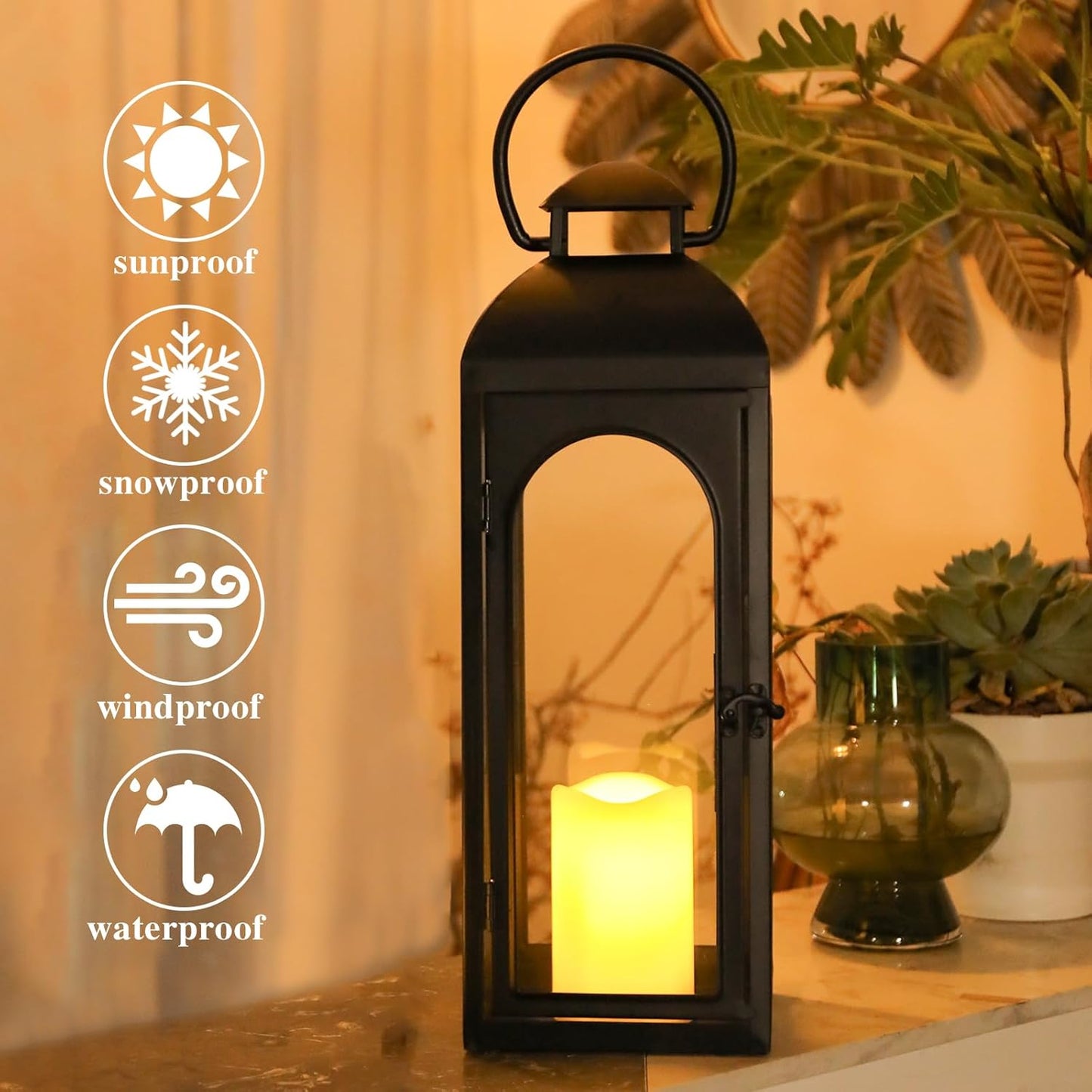 Bdor 2 Pack 20 Inches Metal and Tempered Glass Decorative Lantern with Electronic Wax Effect - Indoor/Outdoor Decorative Lighting, Handcrafted Aesthetic, Perfect for Home, Parties, and Holiday Decor