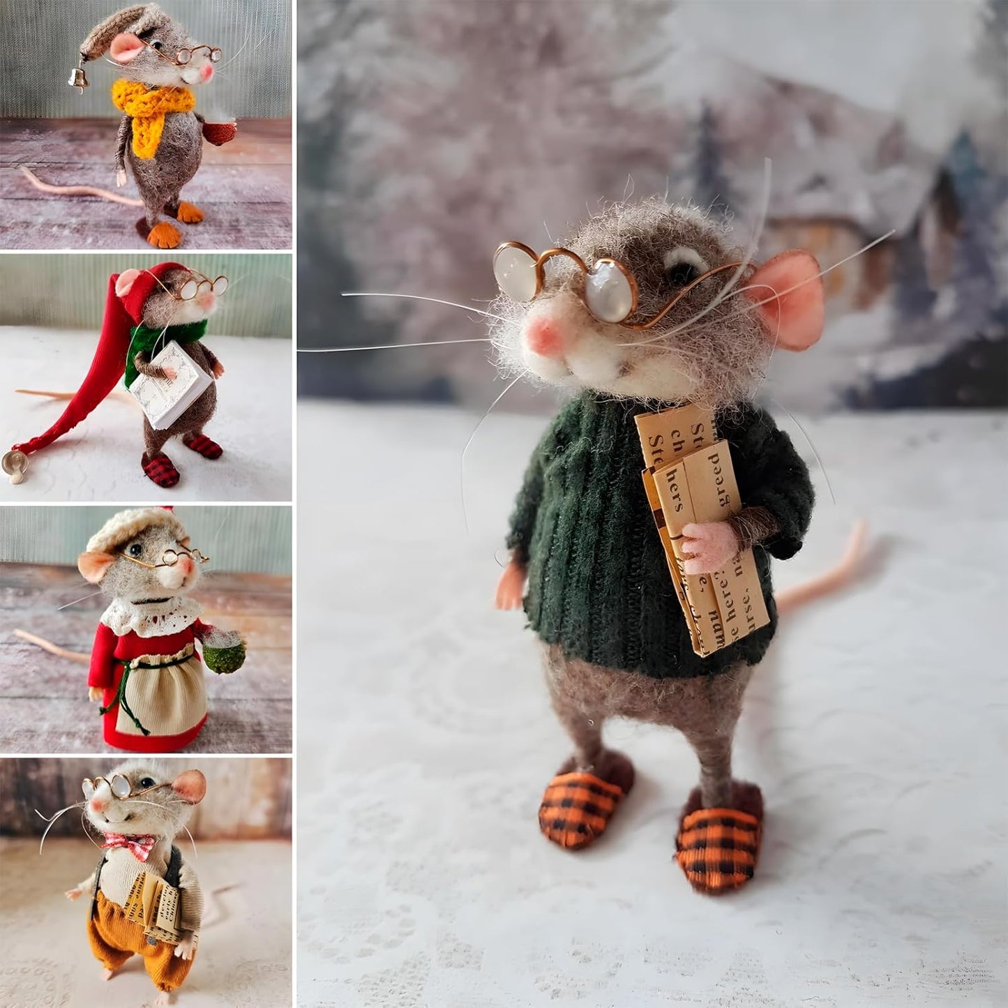 Felted Mouse, Cute Miniature Dollhouse Felt Mouse Ornament, Felt Wool Mice Figurine for Holiday Decor, Needle Felted Mouse Doll Decorations Festival Statue (Full of Christmas Spirit)