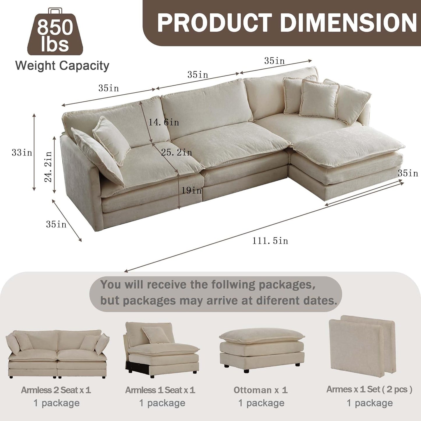 Sectional Sofa 3 Seater with Movable 1 Ottoman,Oversized Modular Couch Deep Seat (Light Coffee, 111.5 inch-L)