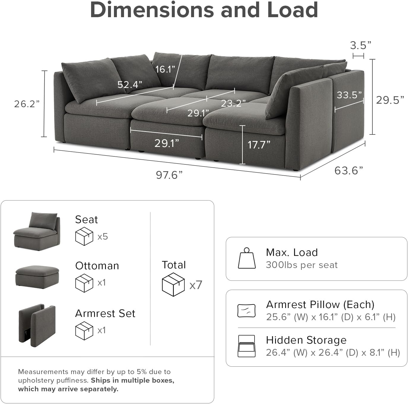 mopio Oversized Modular Sectional Sofa with Fully Removable Covers and Storage, Convertible U, L-Shaped and Sleeper Sectional, Modern Couches with Ottoman Chaise (Stone Gray Fabric, 6 Seats, Sleeper)