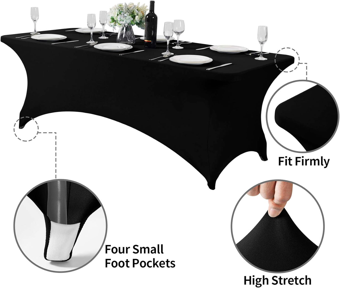 2Pack Spandex Table Cover for 8FT or 4ft or 6ft Table Universal Fitted Stretch Tablecloth for Party, Banquet, Wedding and Events-Black