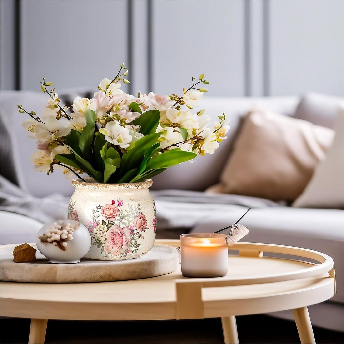 Vintage Planter Large Ceramic Plants Pot Beige Pink European Rose Ice Crack Cottage Scroll Vase Flower Vase Pot Indoor Plants Home Kitchen Decor Farmhouse Antique Decorative Gifts