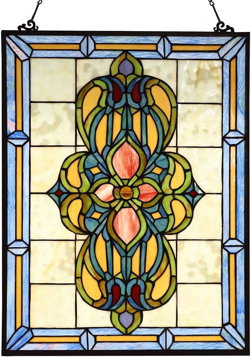Bieye W10030 Victorian Tiffany Style Stained Glass Window Panel Hangings with Chain, 18" W x 25" H