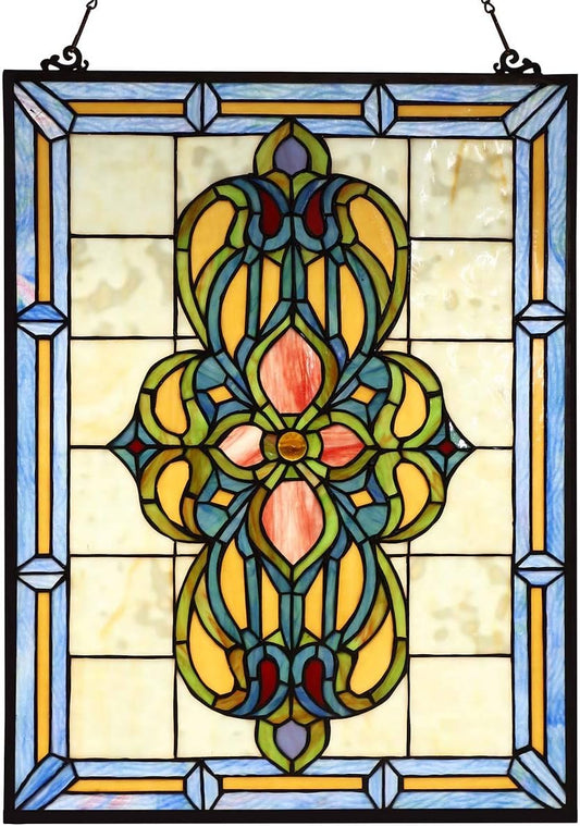 Bieye W10030 Victorian Tiffany Style Stained Glass Window Panel Hangings with Chain, 18" W x 25" H