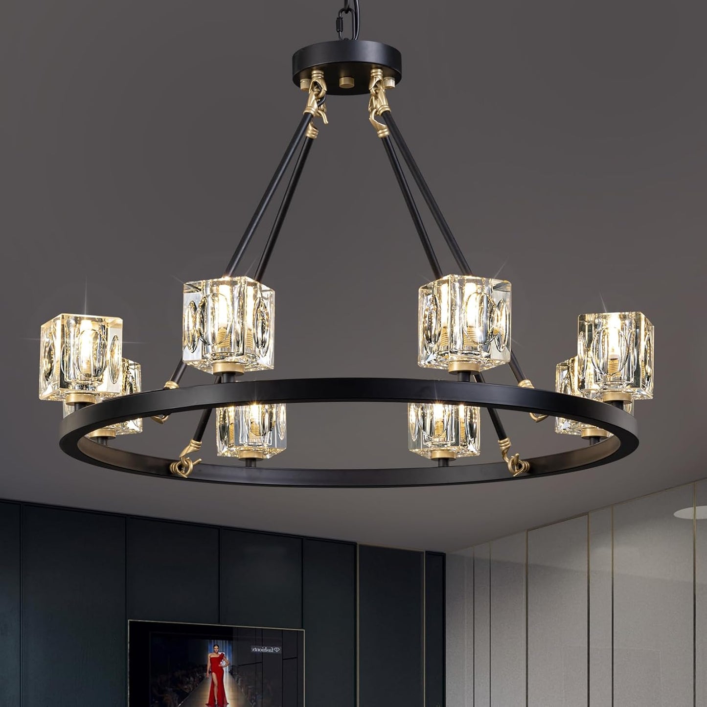 Black Wagon Wheel Chandelier, 8-Light Farmhouse Crystal Chandeleirs with Adjustable Height,Ceiling Hanging Light Fixture Pendant Lights for Living Room,Bedroom,Kitchen Island,Dining Room,Bedroom