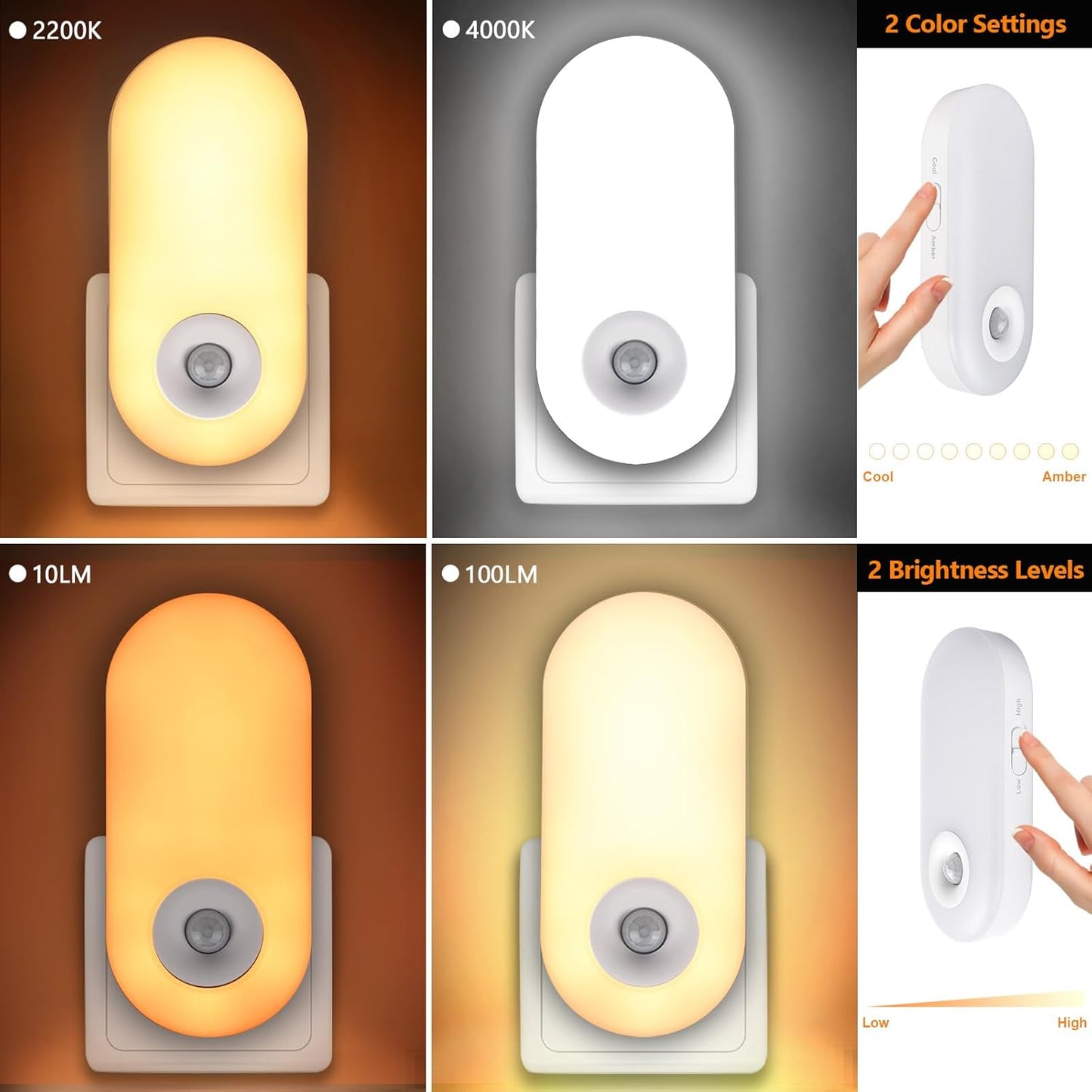 Dawnrise Night Lights Plug into Wall, Motion Sensor Night Light Plug in Indoor, 38 LED Dimmable 100LM or 10LM and 2 Color Temperature Lights for Bedroom, Stairs, Kitchen, Hallway, Utility Room 2PK