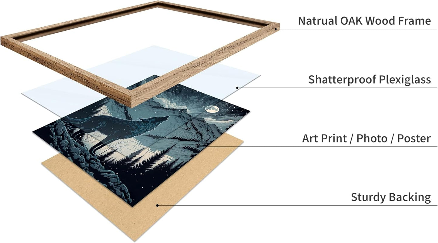 Poster Master Vintage Illustration Poster - Retro Animal Print - Gift for Artist, Friend - Wolf Howling at the Moon, Mountain, Snow, Landscape - Wall Decor for Home, Office, 16x20 Beige Framed