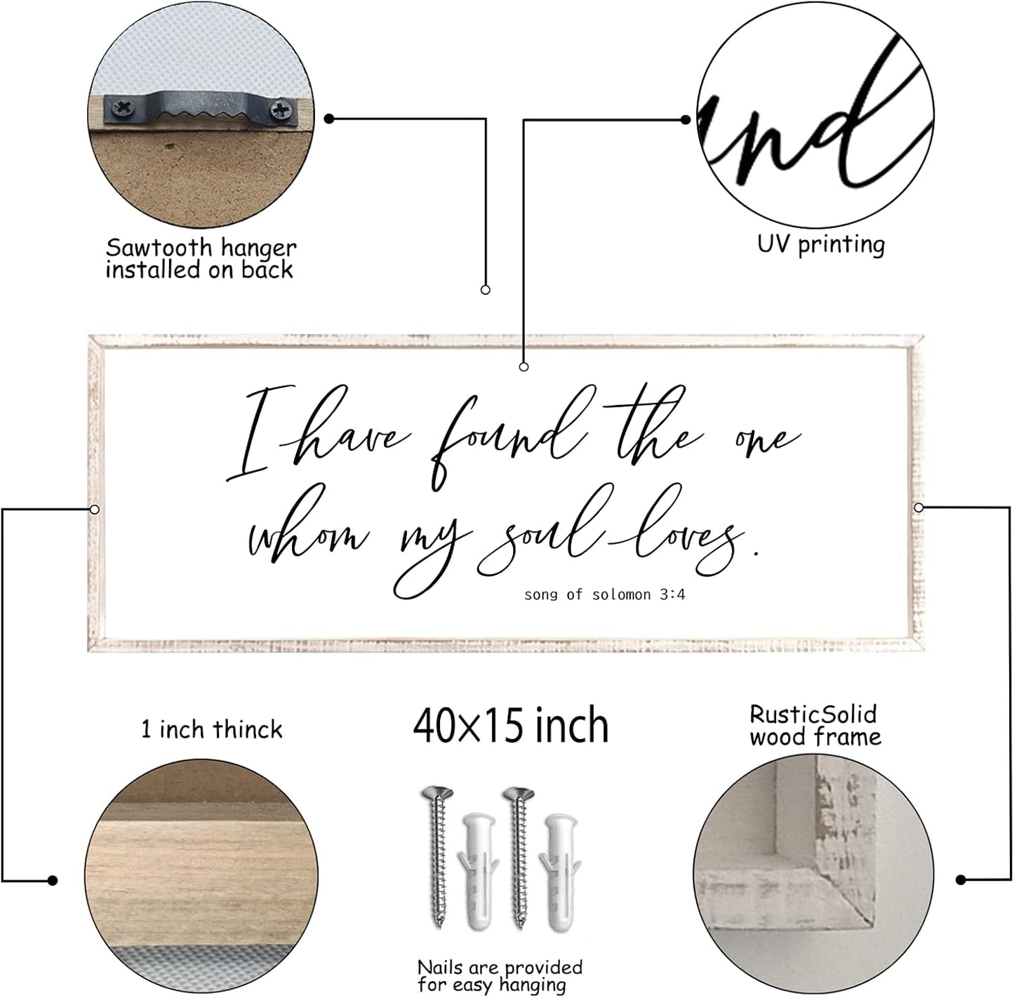 I Have Found The One Whom My Soul Loves Sign Wall Art Decor 40"x15" Modren Master Bedroom Above Bed Wood Framed Song of Solomon 3:4 Large Living Room Bible Verse Wall Hanging (White)