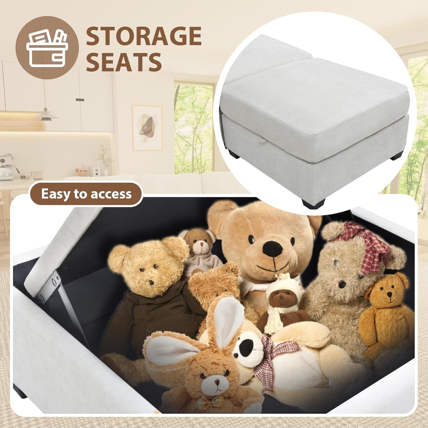 mestyl Modular Sectional Sofa Convertible L Shaped Sofa Couch Set with Storage for Living Room, Modern 3 Seater Modular Sectional Couch with Movable Ottoman (Beige)