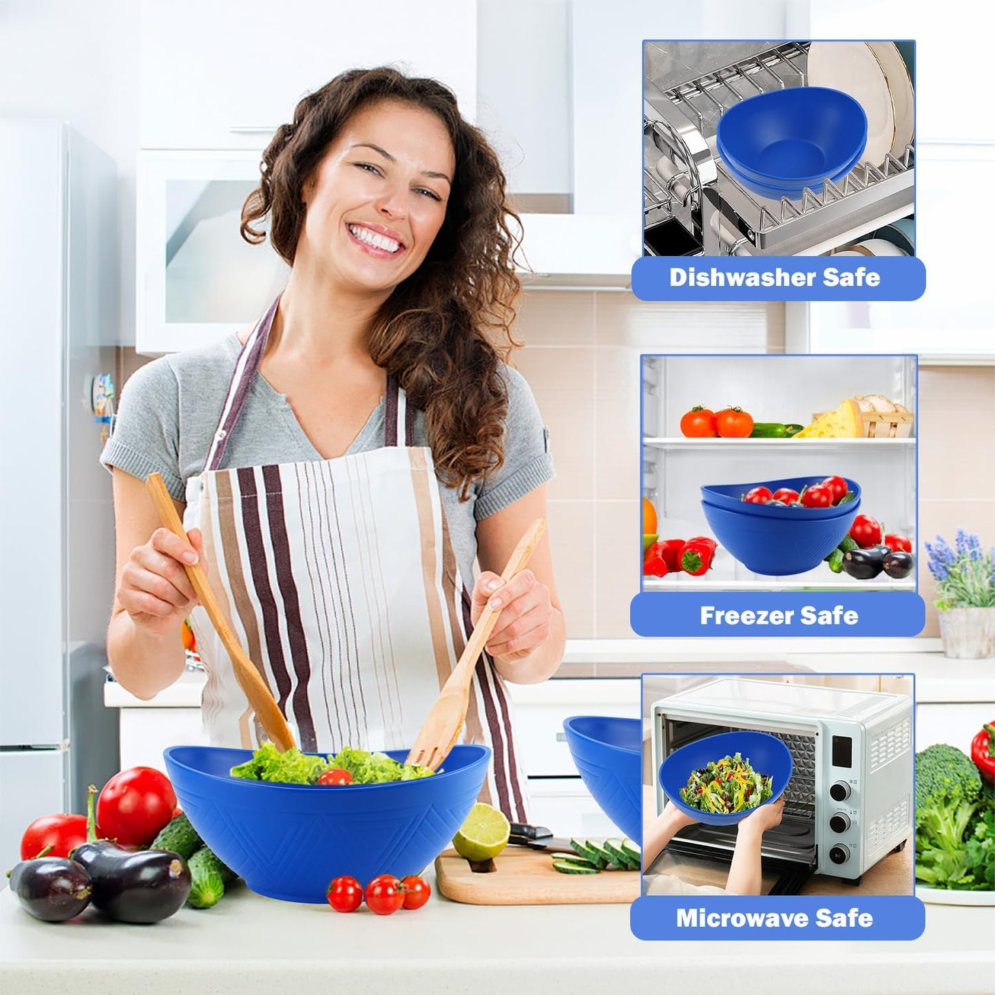 Large Wheat Straw Bowls,Big Salad Bowls set of 2,Unbreakable Serving Bowls Microwave & Dishwasher Safe, Alternative for Plastic Bowl Sets for Kitchen.Blue