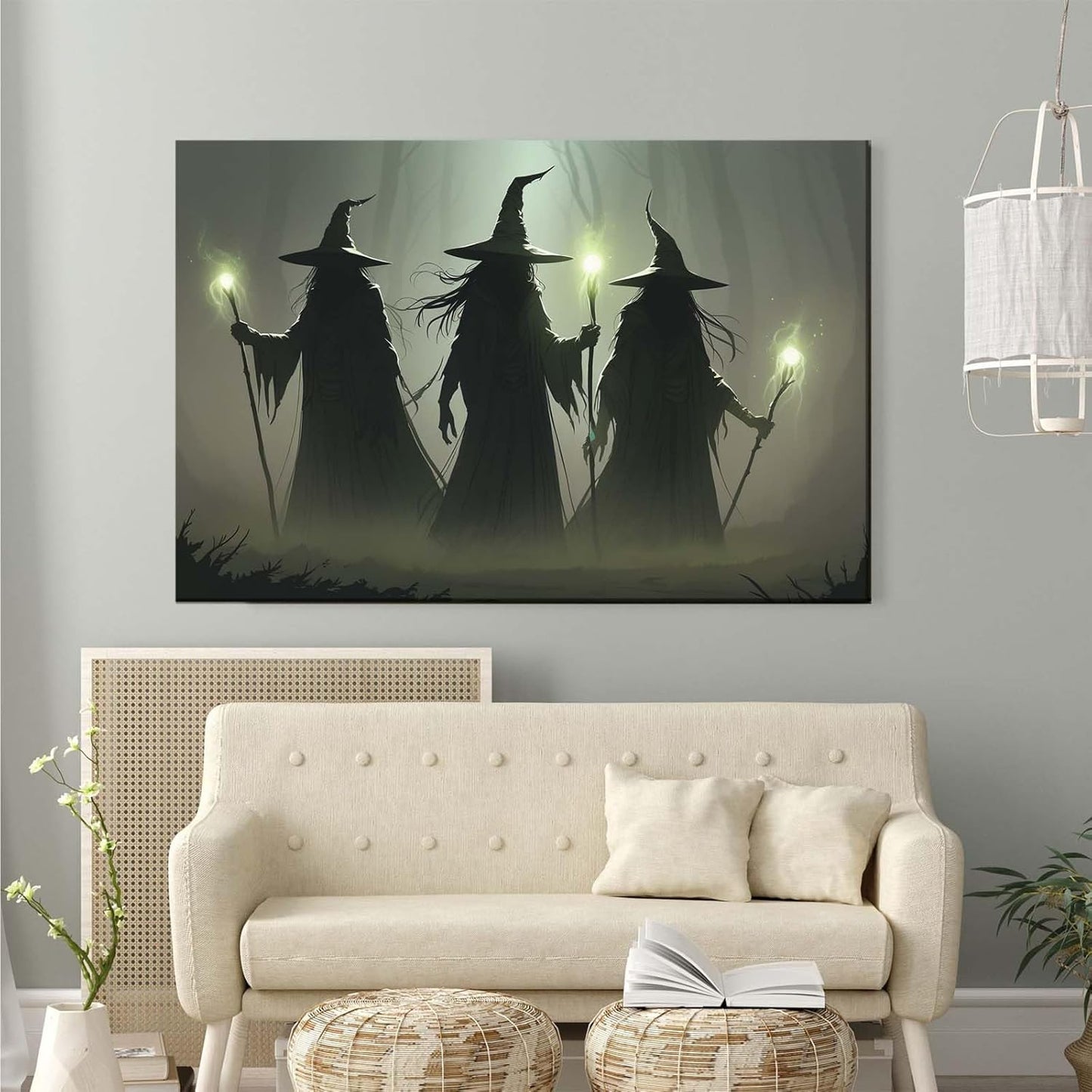 JFHCQJPK Vintage 3 witches canvas wall decor melancholy dark Halloween poster wall decor holding a staff print Gothic horror Halloween painting print for living room bedroom16x24in Frameless