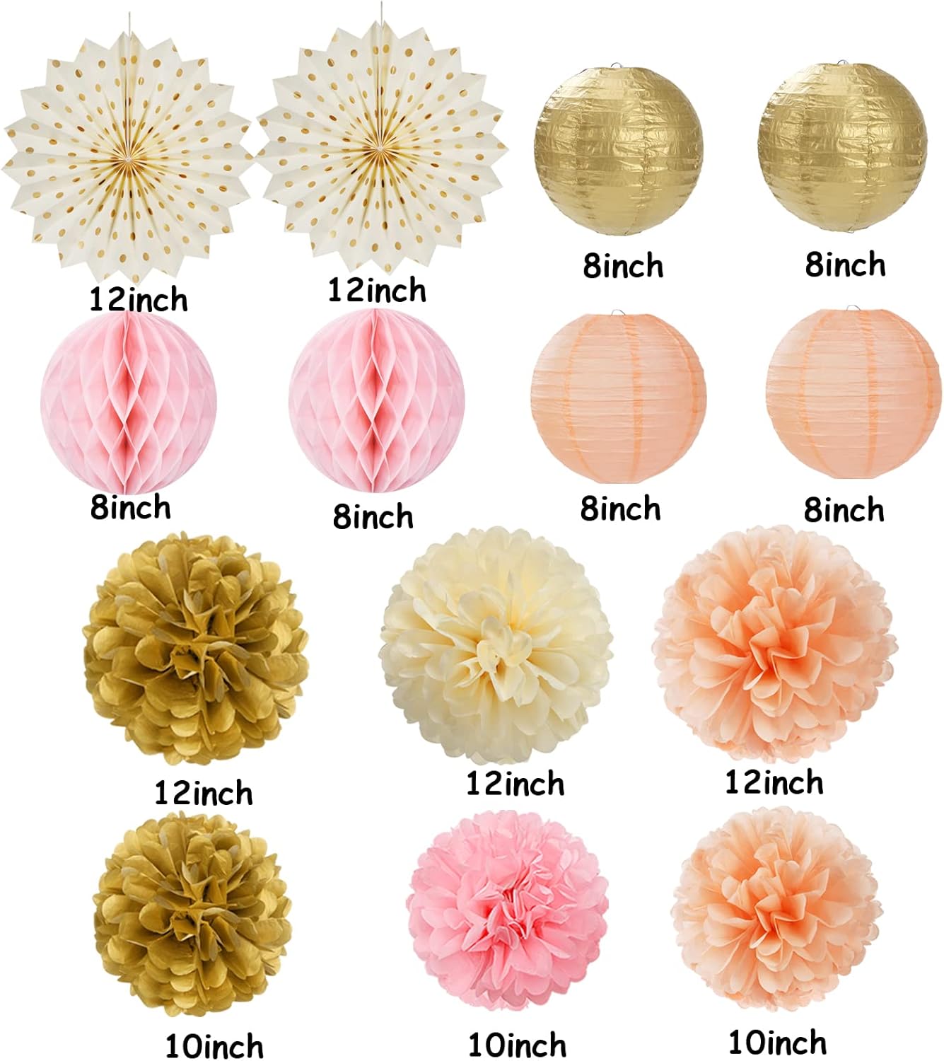 Pink Peach Gold Party Decorations - 14pcs Bridal Baby Shower Girls Birthday Paper Lanterns Fan,Tissue Pom Poms Streamers,Honeycomb Balls,Engagement Wedding Bachelorette Brunch Decor Lasting Surprise