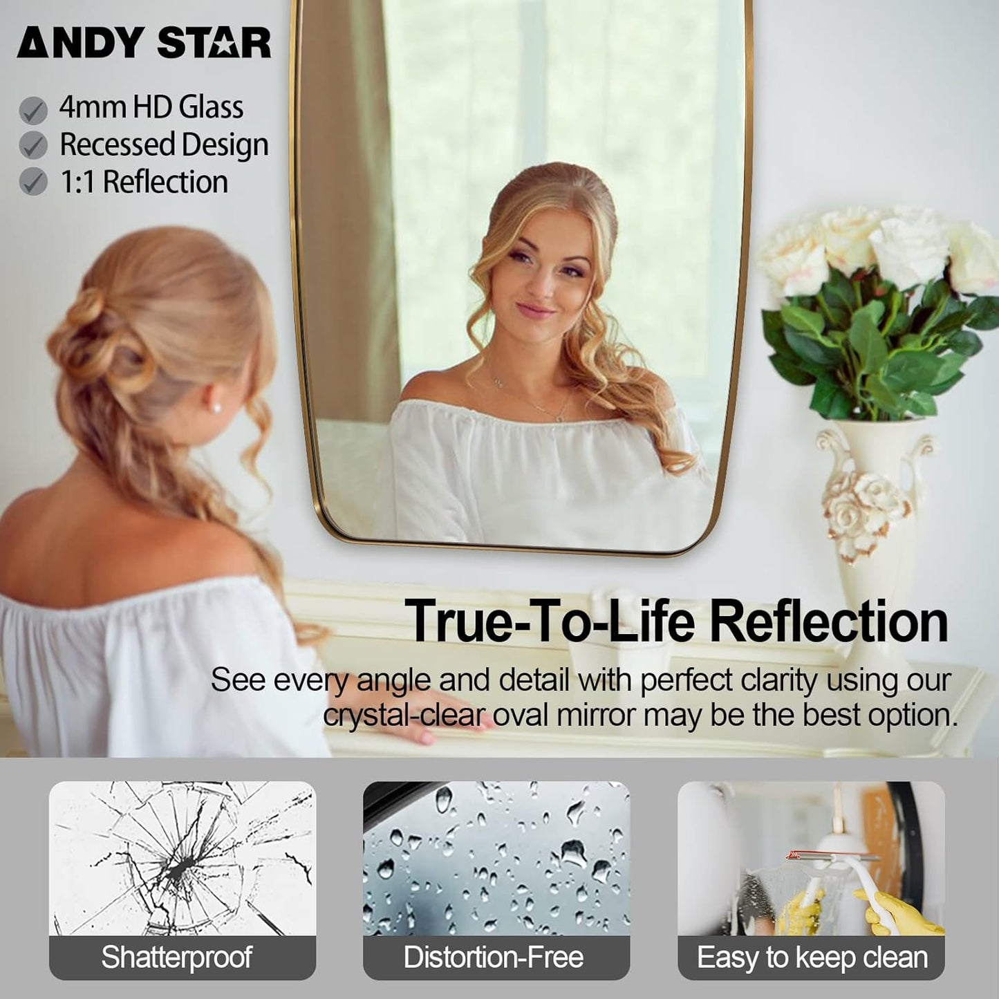ANDY STAR 24x40” Gold Bathroom Mirror, Oblong Brass Mirror with Stainless Steel Metal Frame, Brushed Gold Oval Vanity Mirror for Over Sink, Modern Anti Rust Wall Mounted