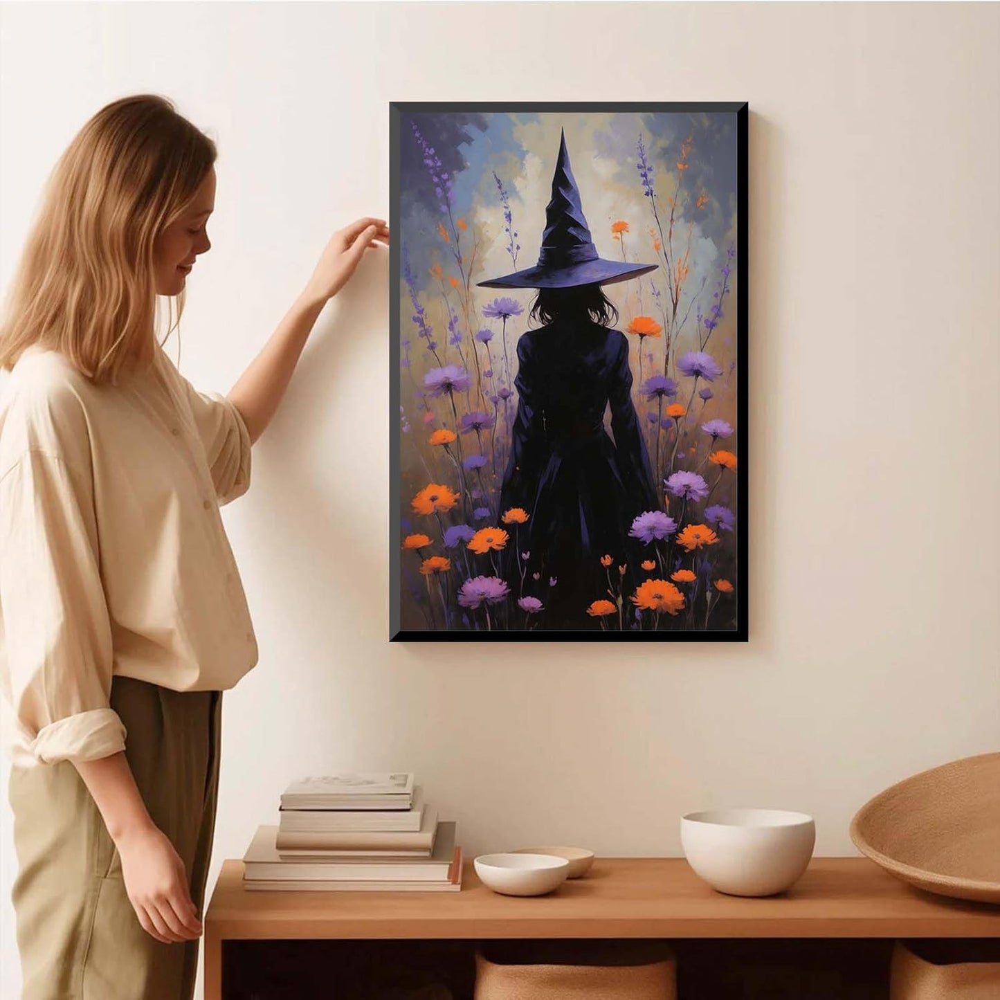 JFHCQJPK Country wildflower witch canvas print halloween mashup art witch purple decoration bohemian elegant art poster12x16in Metal blackFramed