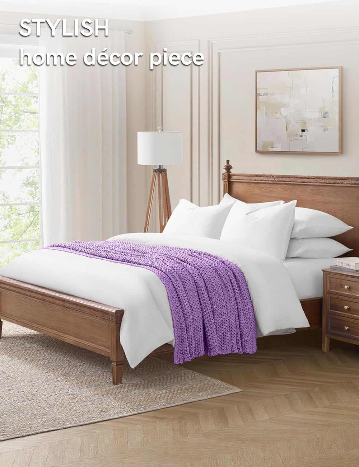 YnM Chunky Cotton Knit Throw Blanket, Cable Knit Throws for Bed Couch Sofa, Comfy & Relaxing, Decorative Piece for Farmhouse Modern Boho Rustic Scandinavian Chic Vibe, Lilac Purple 50x60 Inches