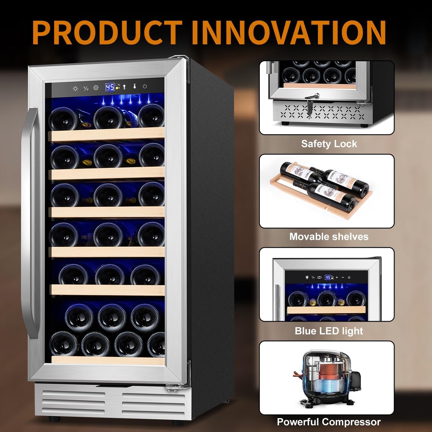15 Inch Wine Fridge 32 Bottles Wine Cooler Refrigerator Undercounter Wine Fridge with Glass Door, LED Light, Removable Wooden Shelves, Built-in or Freestanding Wine Refrigerator for Home Office Bar