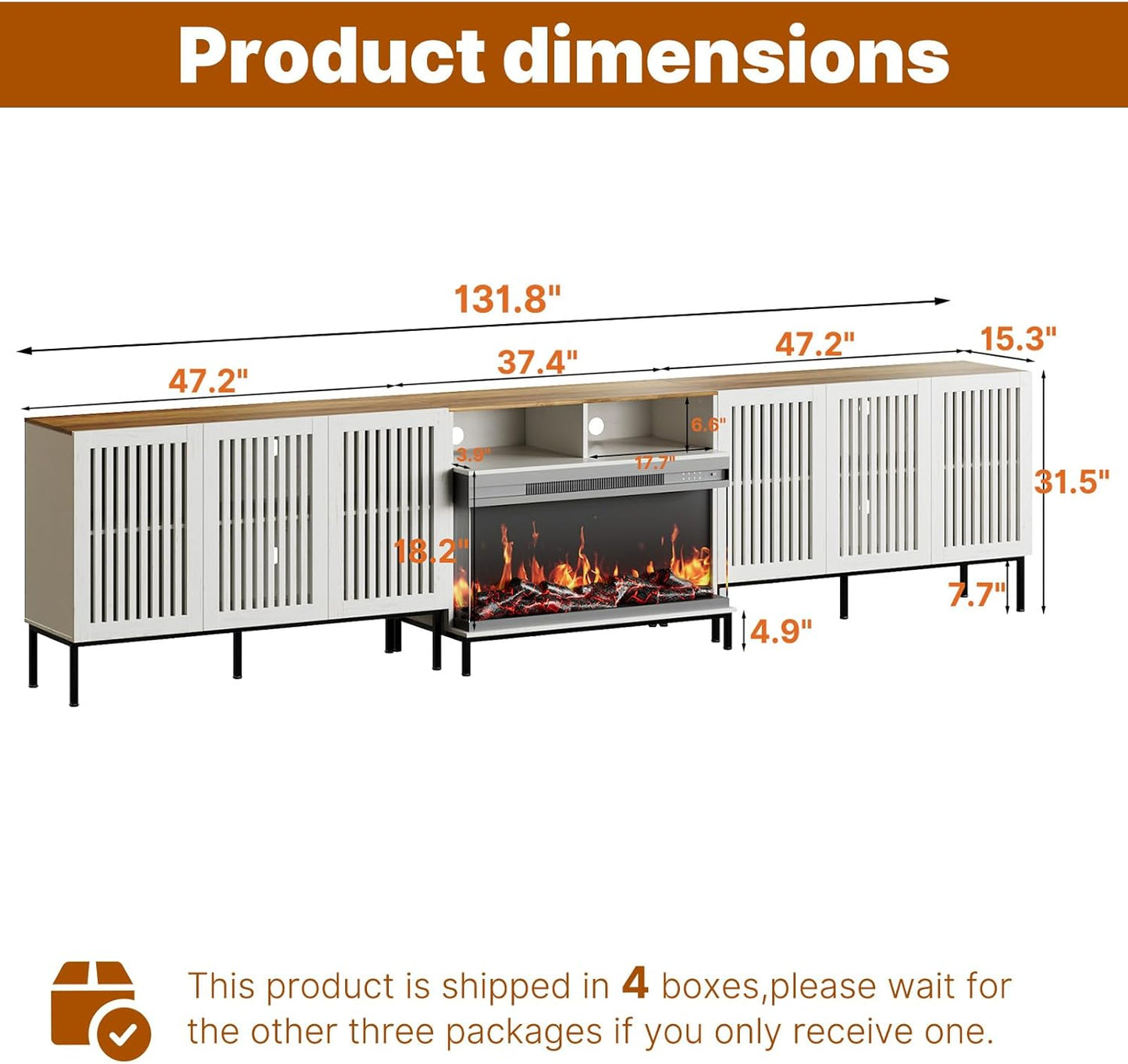 3-Sided Glass Farmhouse Fireplace TV Stand for TVs Up to 110 Inch, Entertainment Center with 36" Electric Fireplace, Antique White TV Console with Storage Cabinets for Living Room