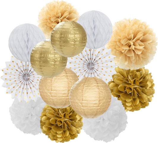 White Gold Party Decorations Streamers - 14pcs Christmas Wedding Engagement Paper Lanterns Fan,Tissue Pom Poms,Honeycomb Balls,Bachelorette Neutral Birthday Baby Bridal Shower Decor Lasting Surprise