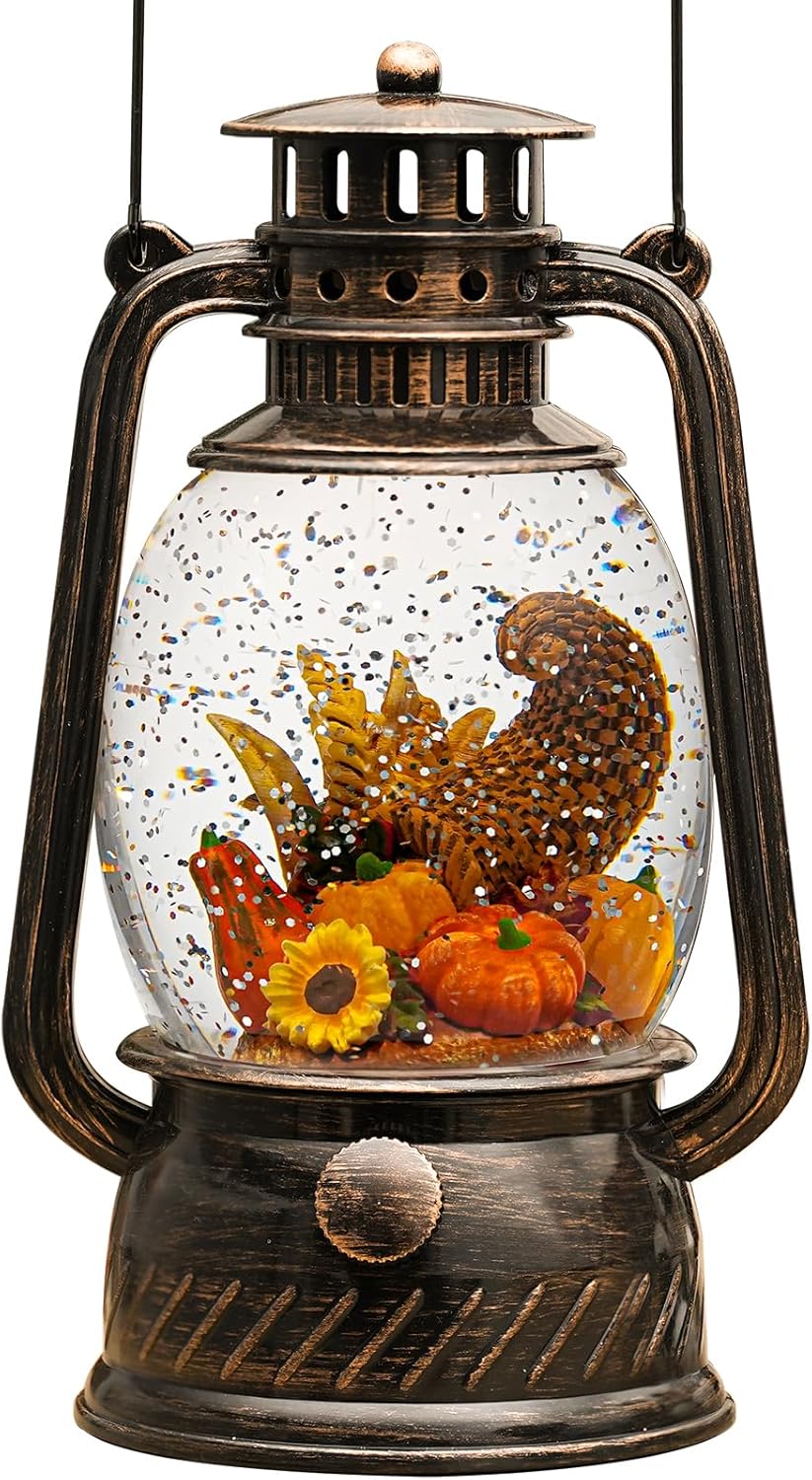 Fall Decorations for Home - Vintage Fall Snow Globe Lantern with 6H Timer,Pumpkin Sunflowers Scene Snow Globes USB or Battery Powered,Fall Decor for Fall Harvest Thanksgiving Autumn