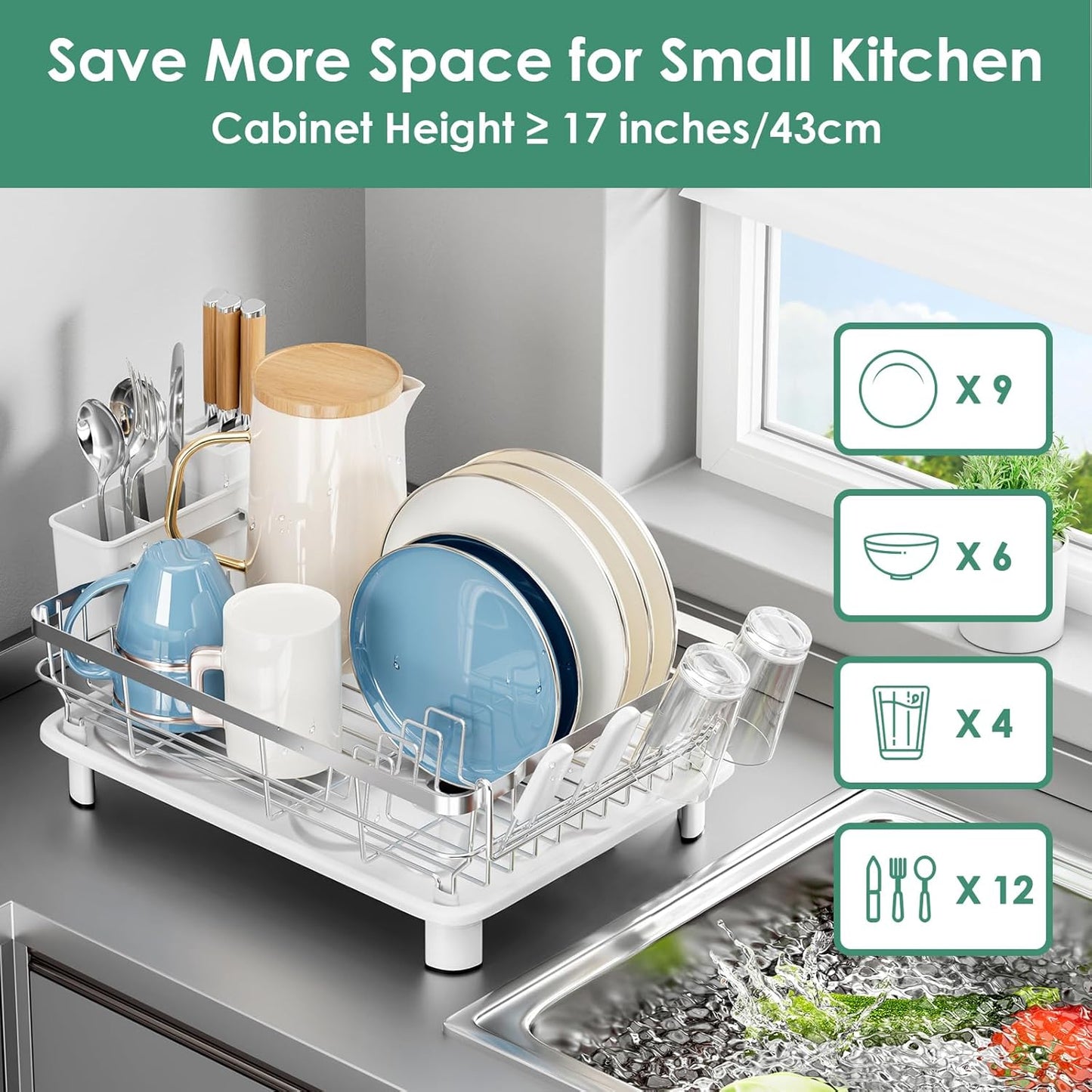 MOUKABAL Dish Drying Rack - Stainless Steel Dish Rack, Dish Racks for Kitchen Counter, Drying Rack Kitchen with Removable Utensil Holder, Drainboard and Glass Organizer (White)