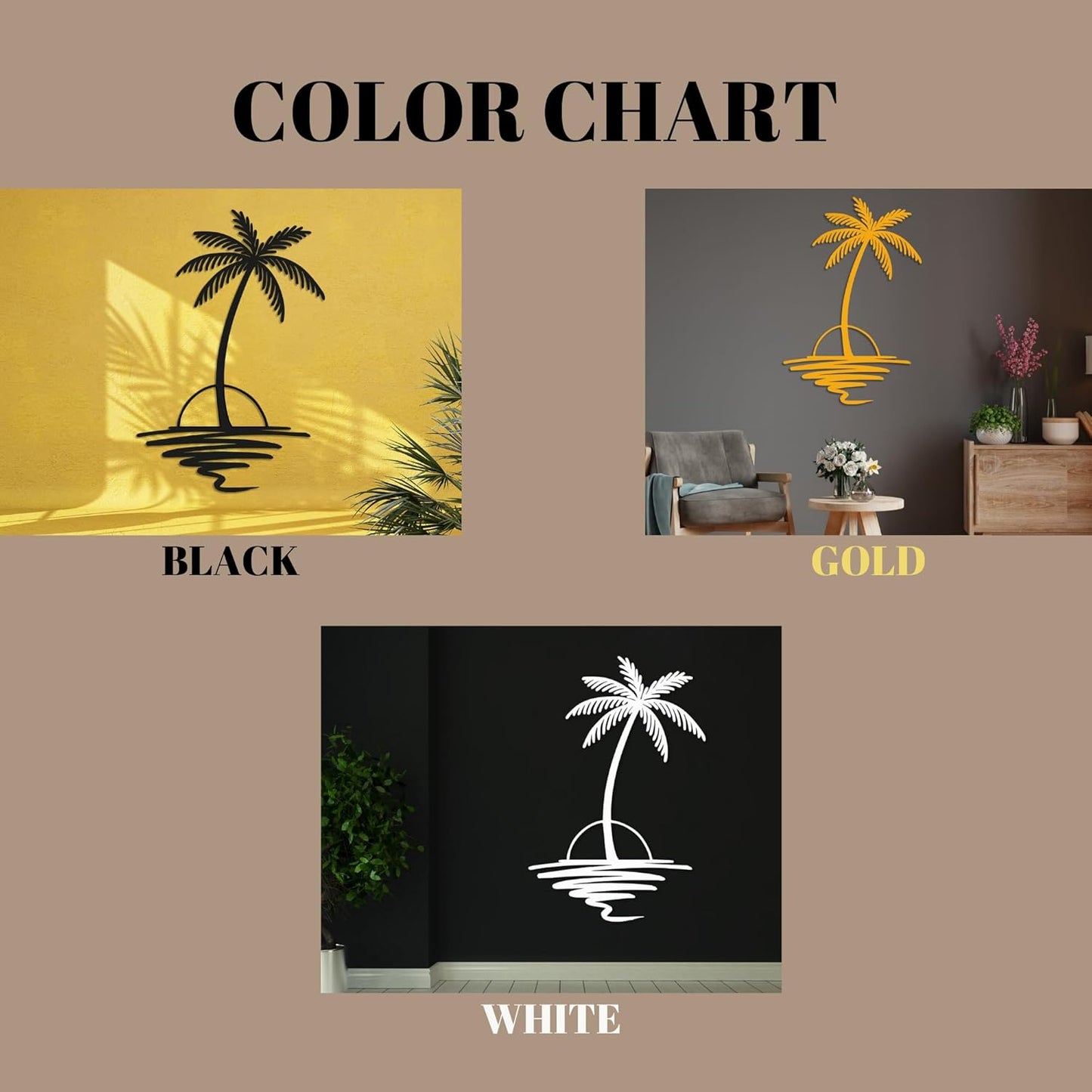 Metal Palm Tree with Sunset Wall Art, Large Outdoor Wall Decor, Tropical Beach Coastal Decor for Living Room, Bedroom, Garden Home Wall Sign, Perfect Metal Wall Art for Beach House, Coastal Theme, and Home Decoration (Gold, 40 x 33 inches)