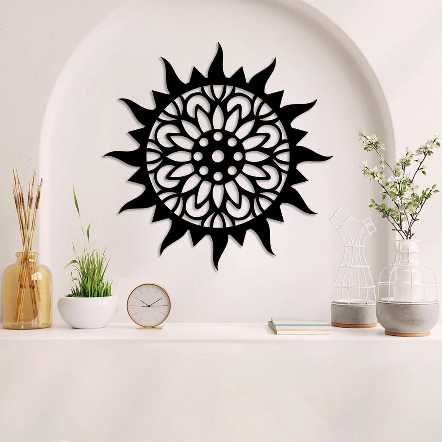 Sunburst Metal Wall Decor, Unique Sun Flower Design, Outdoor & Indoor Wall Art for Living Room, Bedroom, or Patio, Home Decor (Black, 24"x24"|60x60cm)