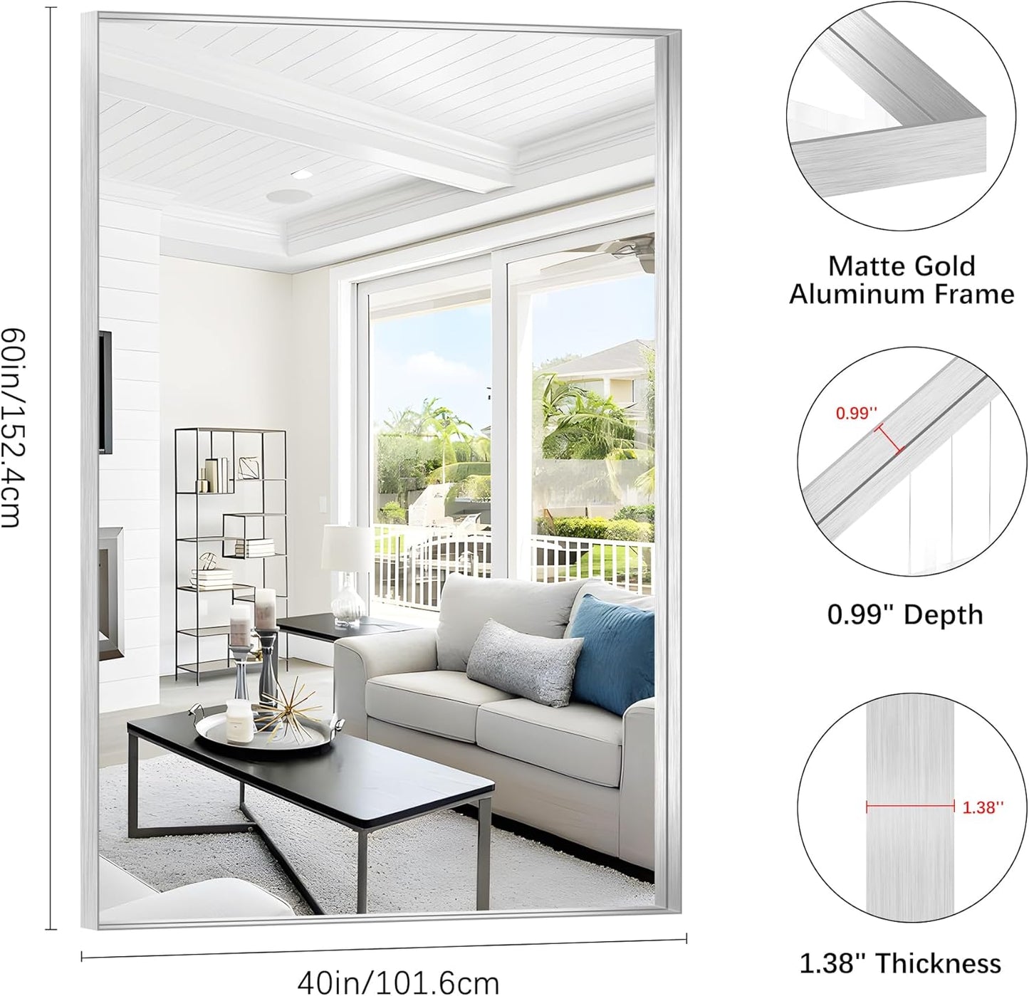 Silver Bathroom Mirror, 60x40 Inch Rectangular Framed Mirror, Large Wall Mounted Bathroom Vanity Mirror Over Sink for Bedroom,Restroom, Living Room, Hangs Vertically or Horizontally