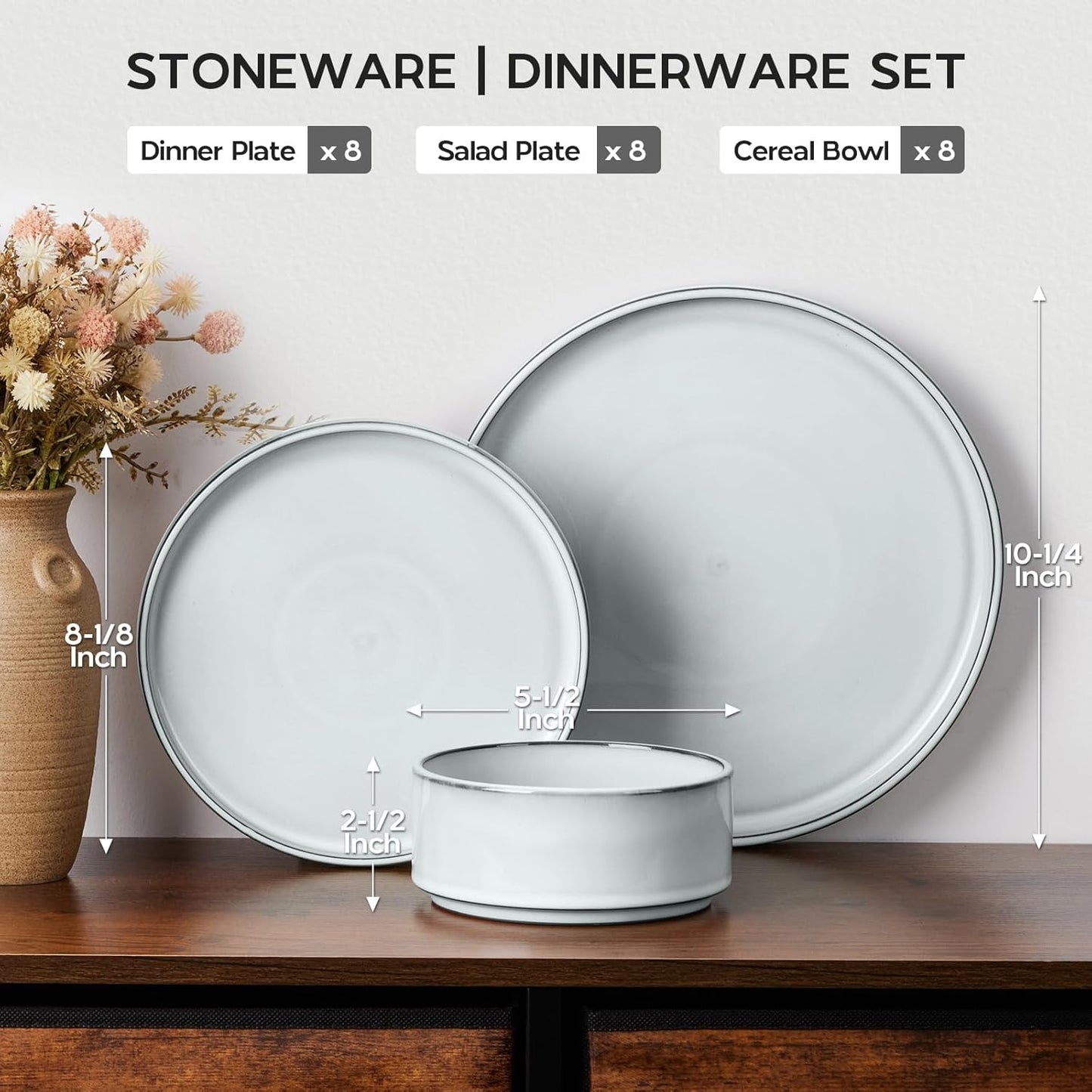 Onader Dinnerware Dishes Sets for 8, Stoneware Plates and Bowls with Unglazed Terracotta Bottom, Ceramic Kitchen Dinner Dish Set, 24 Piece - Glacier White