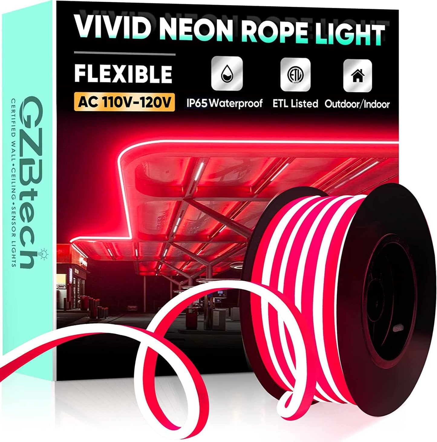 GZBtech Flexible LED Neon Rope Lights 16.4FT,AC 110-120V Waterproof Strip Light, 120LEDs/M Cuttable Connectable Neon Lighting for Indoor Outdoor Home Decor/Commercial Building Use-Red 5M