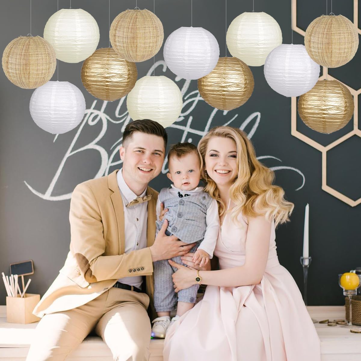 Paper Lanterns Gold White Round Hanging Chinese Lanterns for Wedding Birthday Party Boho Baby Shower Decorations Pack of 12